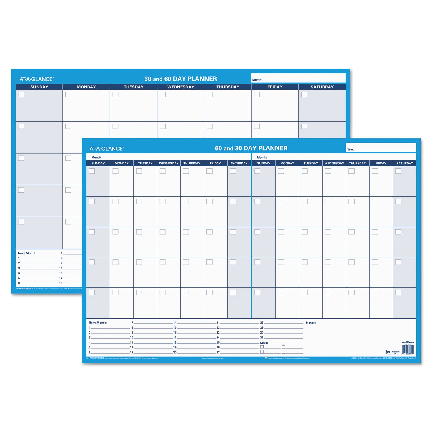 30/60-Day Undated Horizontal Erasable Wall Planner, 36 x 24, White/Blue Sheets, Undated -
