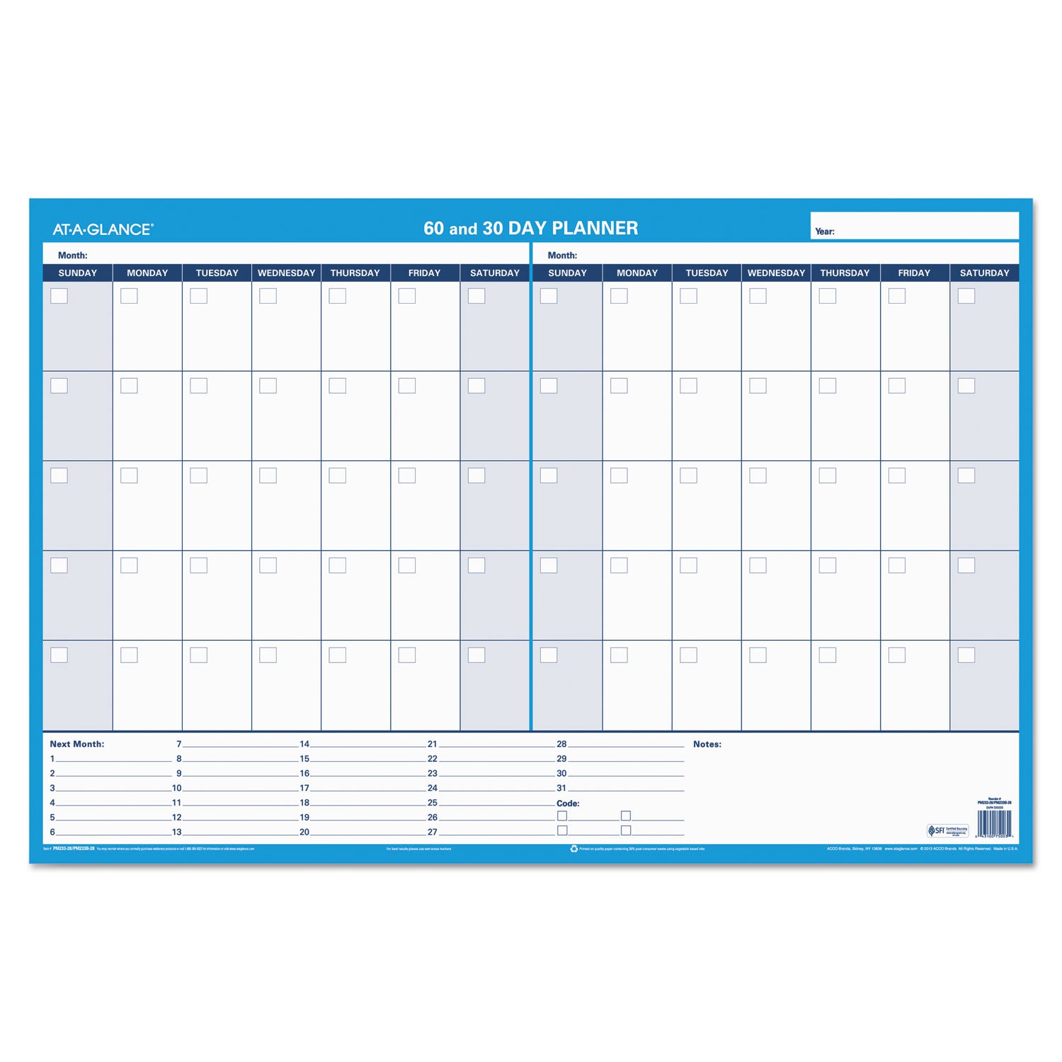 30/60-Day Undated Horizontal Erasable Wall Planner, 36 x 24, White/Blue Sheets, Undated -
