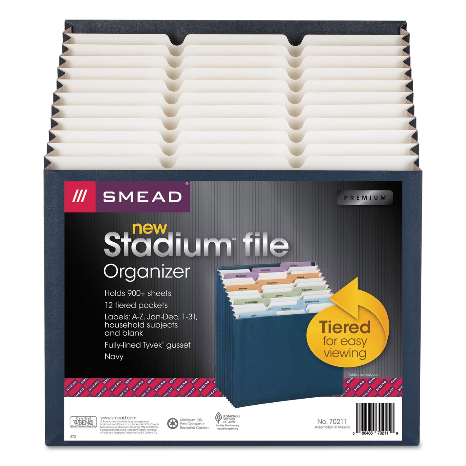 Stadium File, 12 Sections, 1/12-Cut Tabs, Letter Size, Navy -