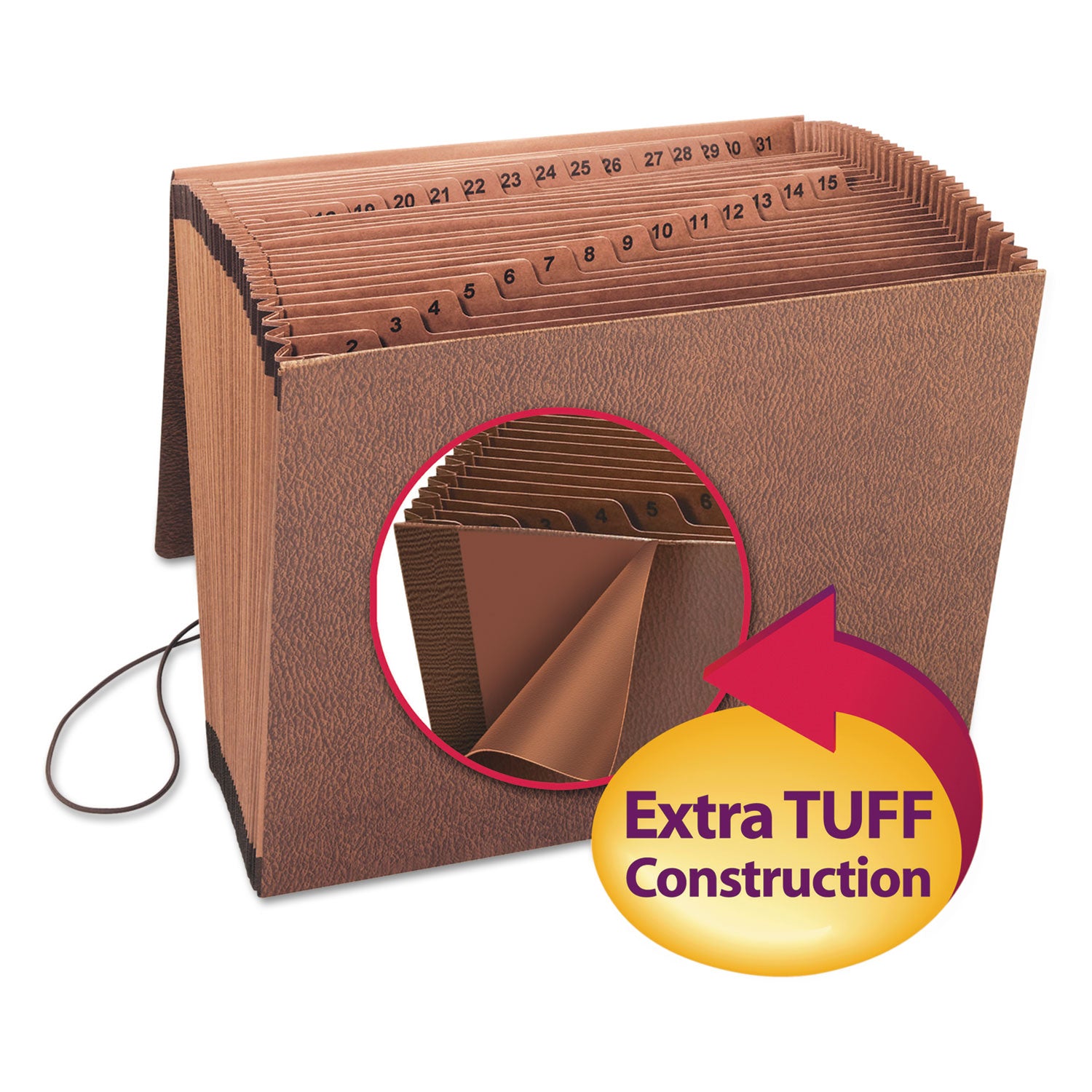 TUFF Expanding Wallet, 31 Sections, Elastic Cord Closure, 1/15-Cut Tabs, Letter Size, Redrope -