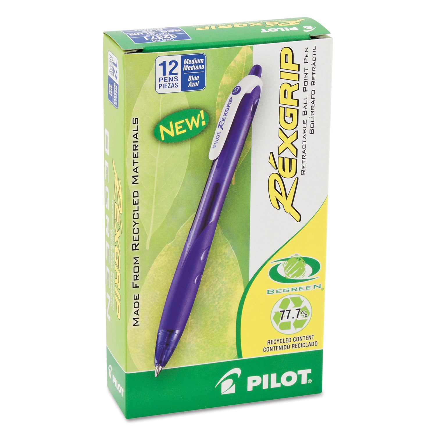 RexGrip BeGreen Ballpoint Pen, Retractable, Medium 1 mm, Blue Ink, Translucent Blue Barrel, Dozen -