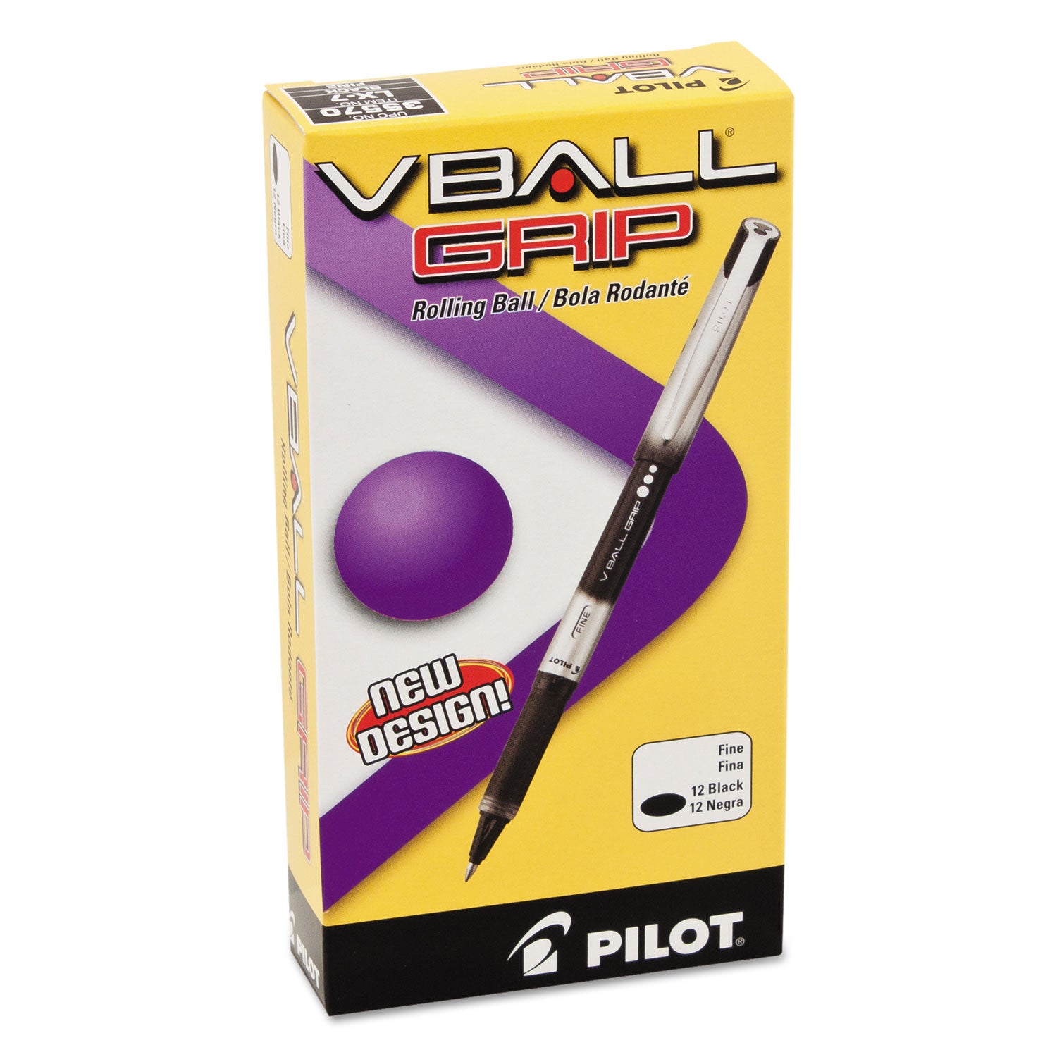 VBall Grip Liquid Ink Roller Ball Pen, Stick, Fine 0.7 mm, Black Ink, Black/Silver Barrel, Dozen -