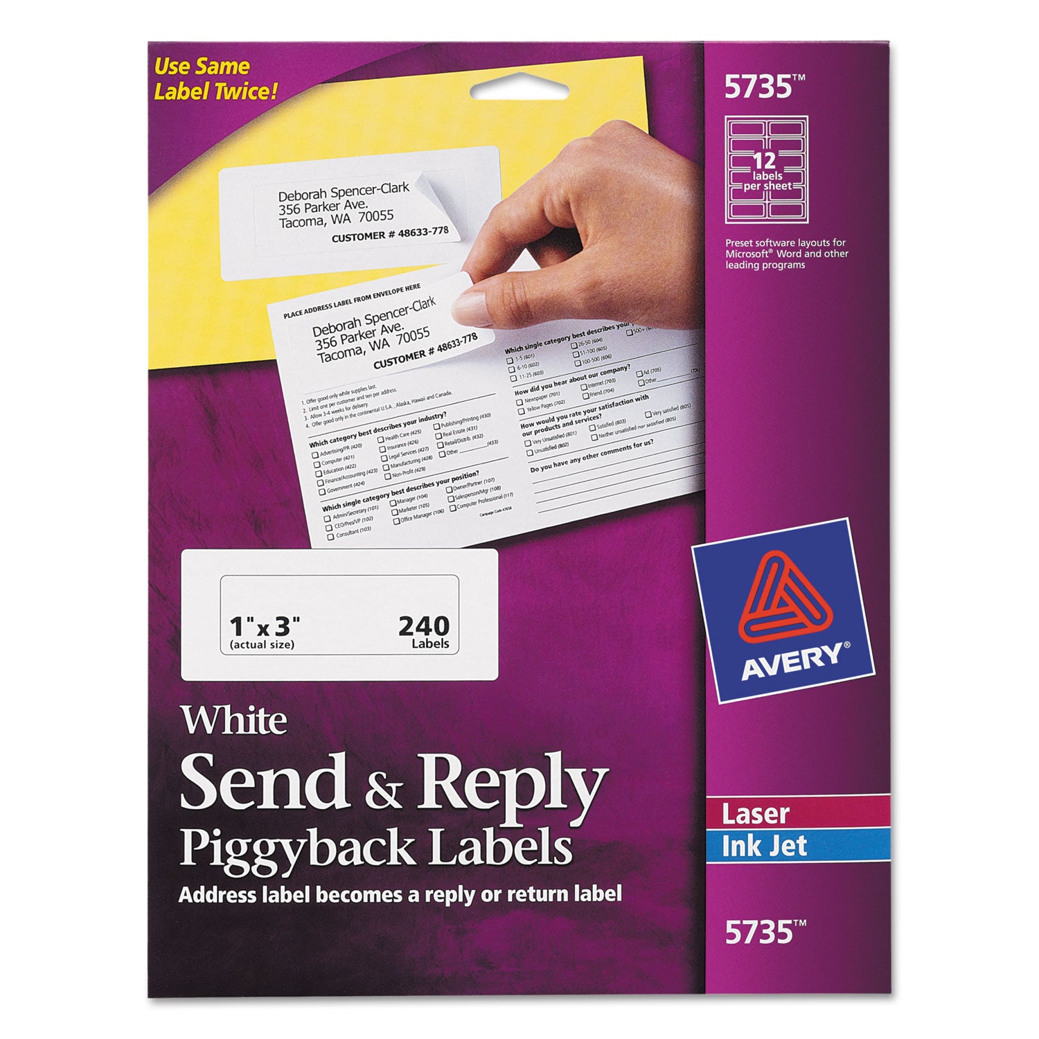 Send and Reply Piggyback Labels, Inkjet/Laser Printers, 1.63 x 4, White, 12/Sheet, 20 Sheets/Pack -