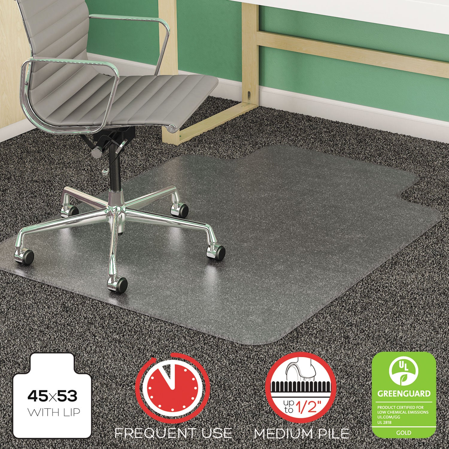 SuperMat Frequent Use Chair Mat for Medium Pile Carpet, 45 x 53, Wide Lipped, Clear -