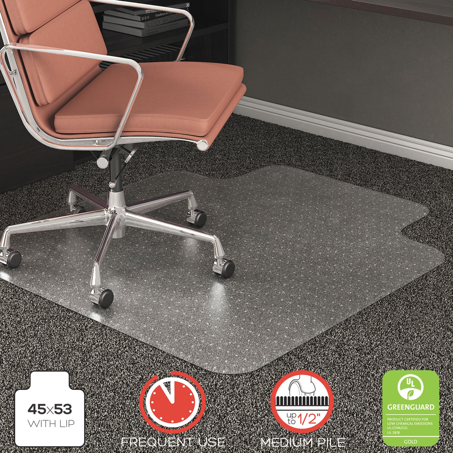 RollaMat Frequent Use Chair Mat, Med Pile Carpet, Flat, 45 x 53, Wide Lipped, Clear -