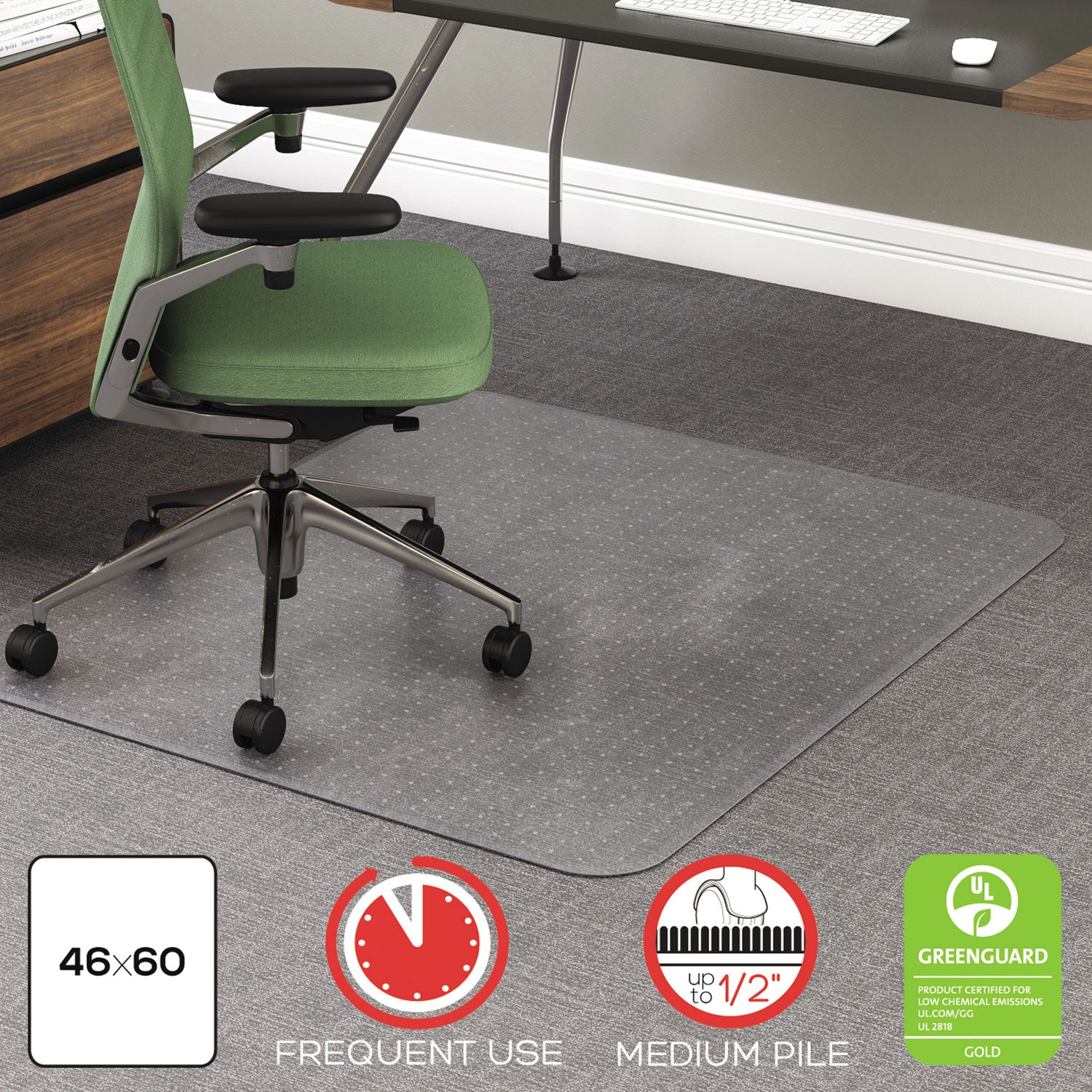 RollaMat Frequent Use Chair Mat, Medium Pile Carpet, Flat, 46 x 60, Rectangle, Clear -