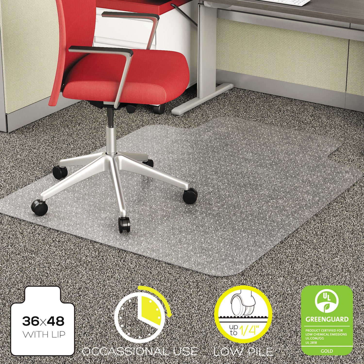 EconoMat Occasional Use Chair Mat, Low Pile Carpet, Flat, 36 x 48, Lipped, Clear -