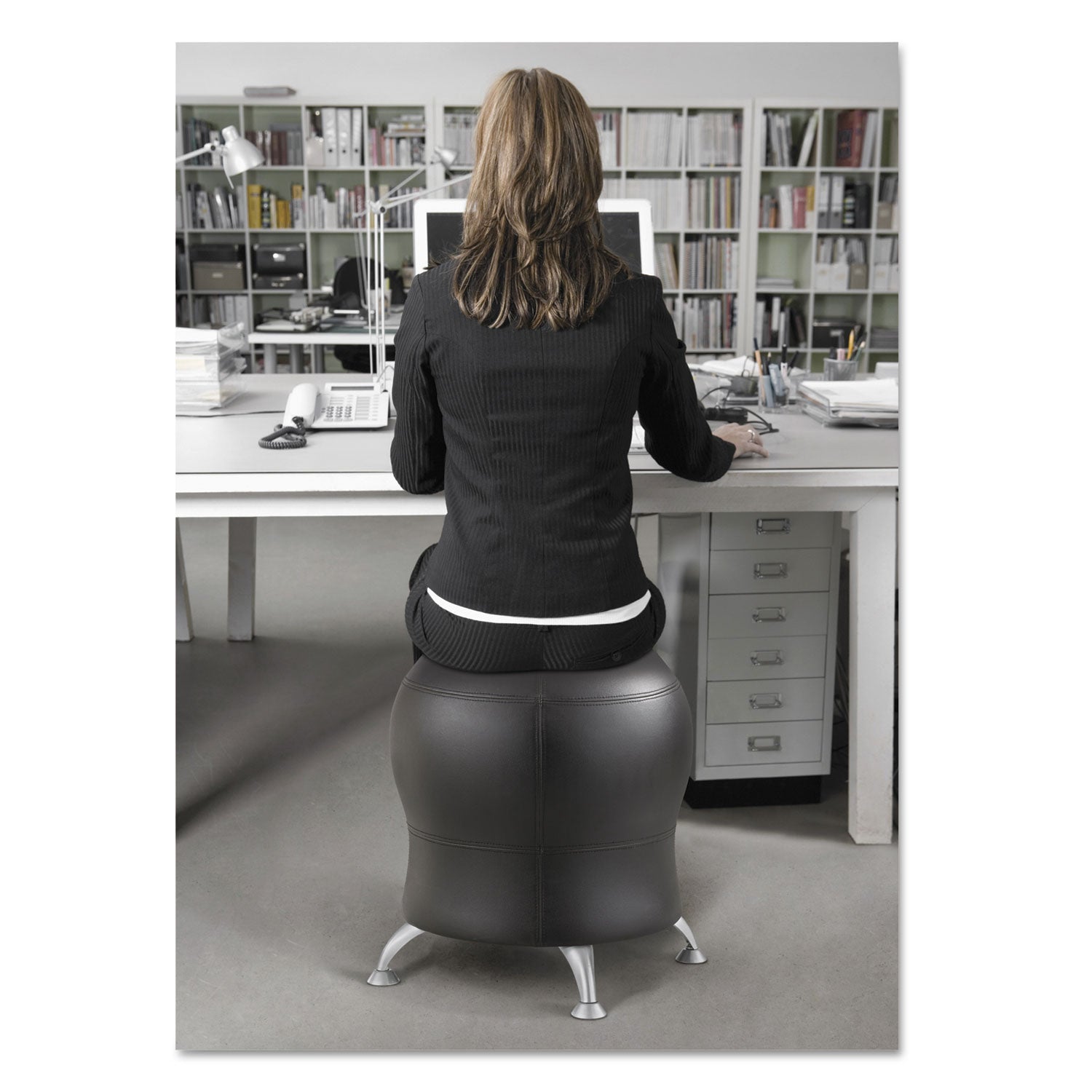 Zenergy Ball Chair, Backless, Supports Up to 250 lb, Black Vinyl Seat, Silver Base -