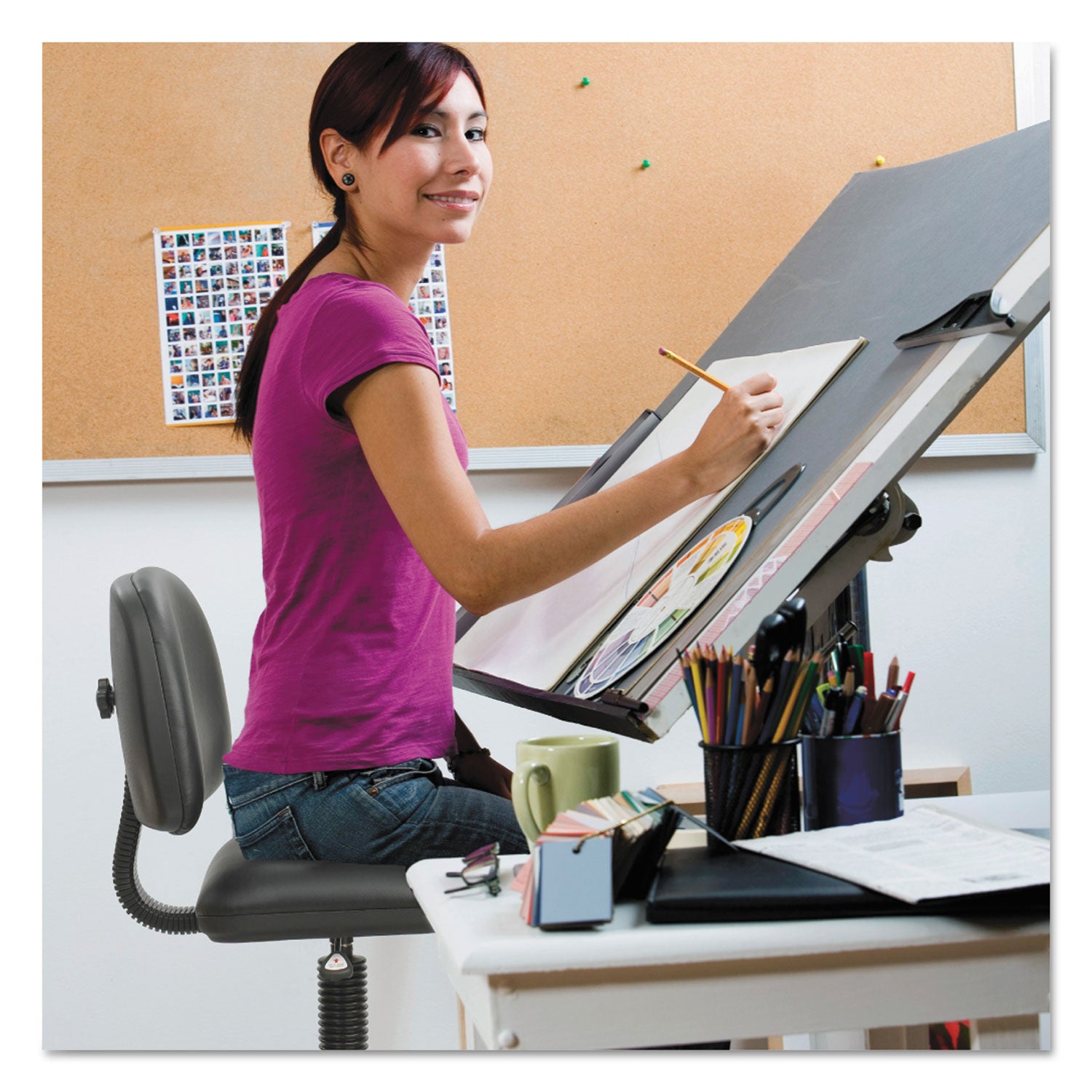 Precision Extended-Height Swivel Stool, Adjustable Footring, Supports 250 lb, 23" to 33" Seat Height, Black Vinyl, Black Base -