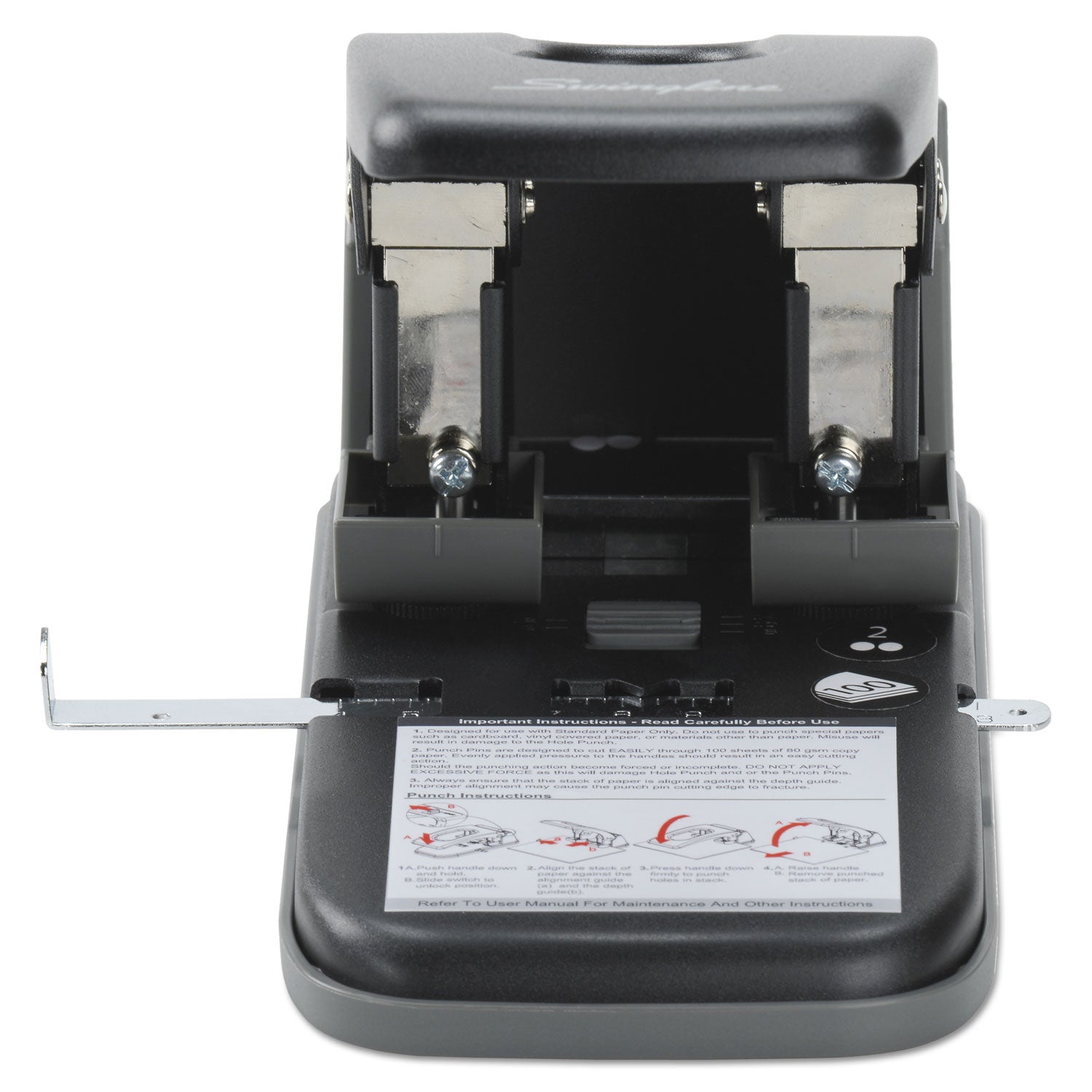100-Sheet High Capacity Two-Hole Punch, Fixed Centers, 9/32" Holes, Black/Gray -