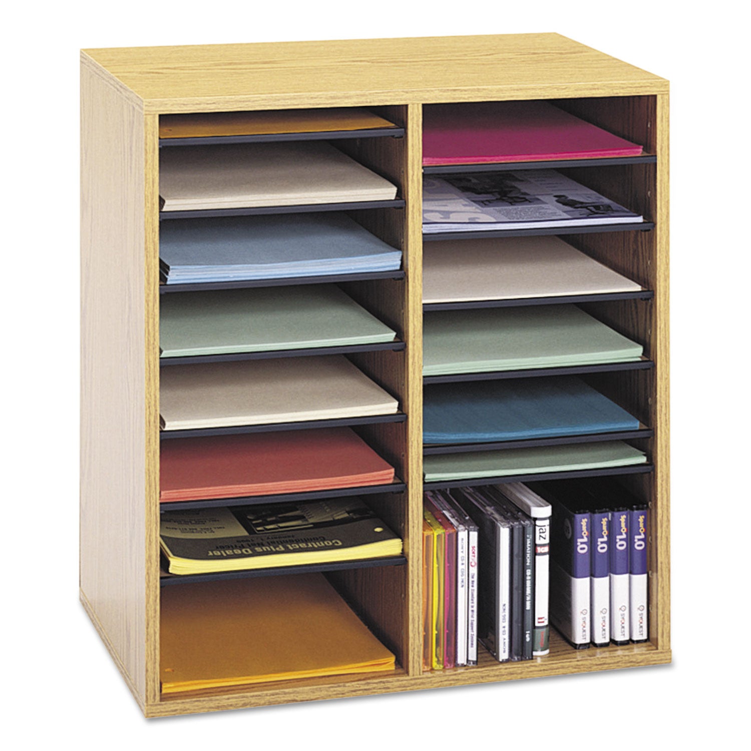 Wood/Laminate Literature/CD Sorter, 16 Compartments, 19.5 x 11.75 x 21, Medium Oak -
