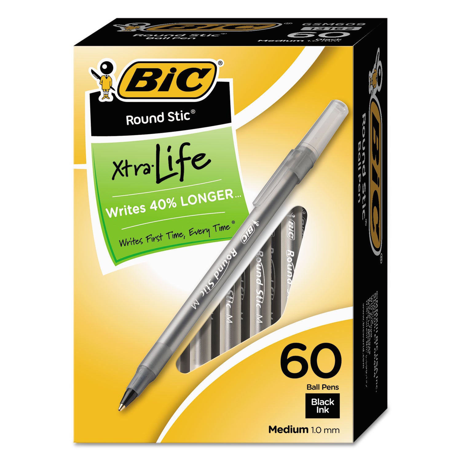 Round Stic Xtra Life Ballpoint Pen Value Pack, Stick, Medium 1 mm, Black Ink, Translucent Frost Barrel, 60/Box -