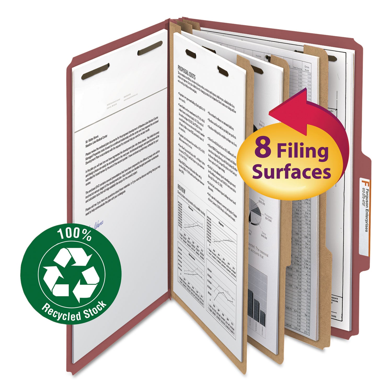 Recycled Pressboard Classification Folders, 3" Expansion, 3 Dividers, 8 Fasteners, Legal Size, Red Exterior, 10/Box -