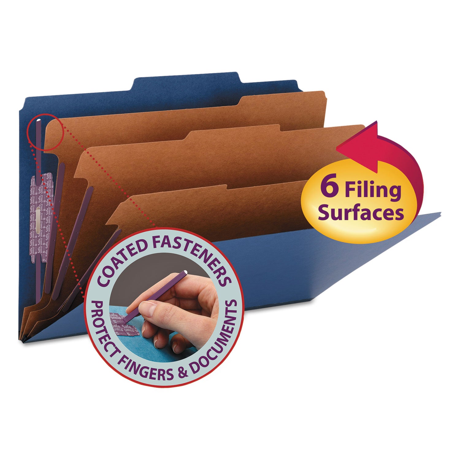 Eight-Section Pressboard Top Tab Classification Folders, 8 SafeSHIELD Fasteners, 3 Dividers, Legal Size, Dark Blue, 10/Box -
