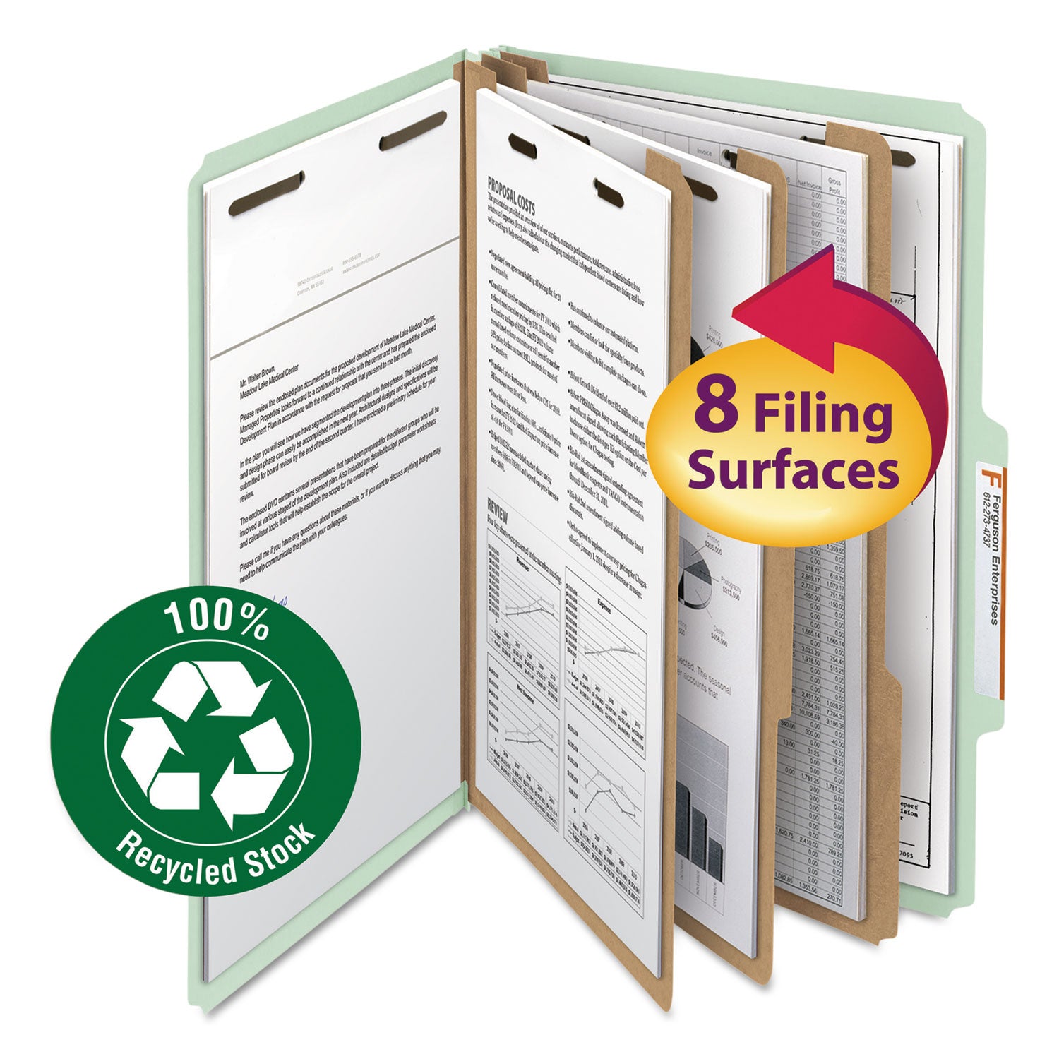 Recycled Pressboard Classification Folders, 3" Expansion, 3 Dividers, 8 Fasteners, Legal Size, Gray-Green, 10/Box -