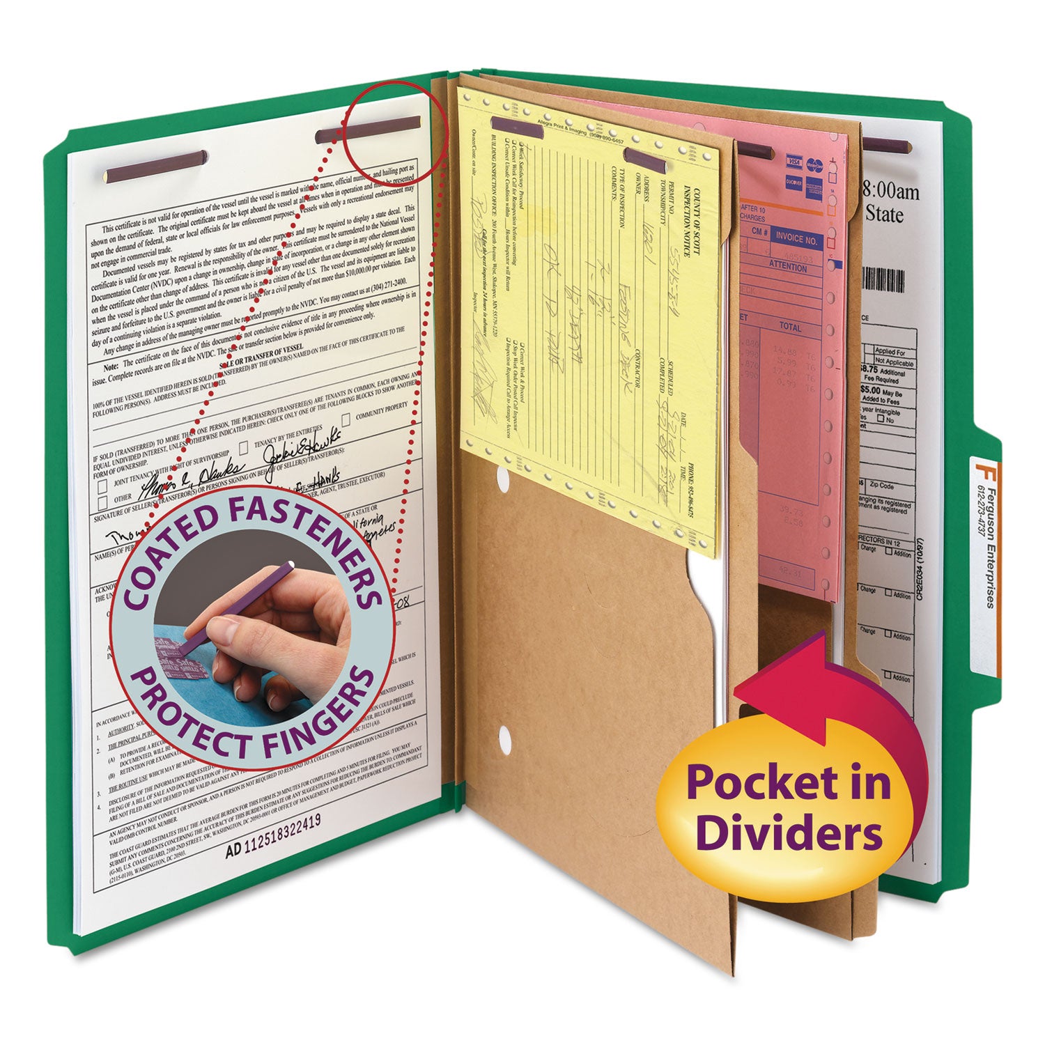 6-Section Pressboard Top Tab Pocket Classification Folders, 6 SafeSHIELD Fasteners, 2 Dividers, Legal Size, Green, 10/Box -