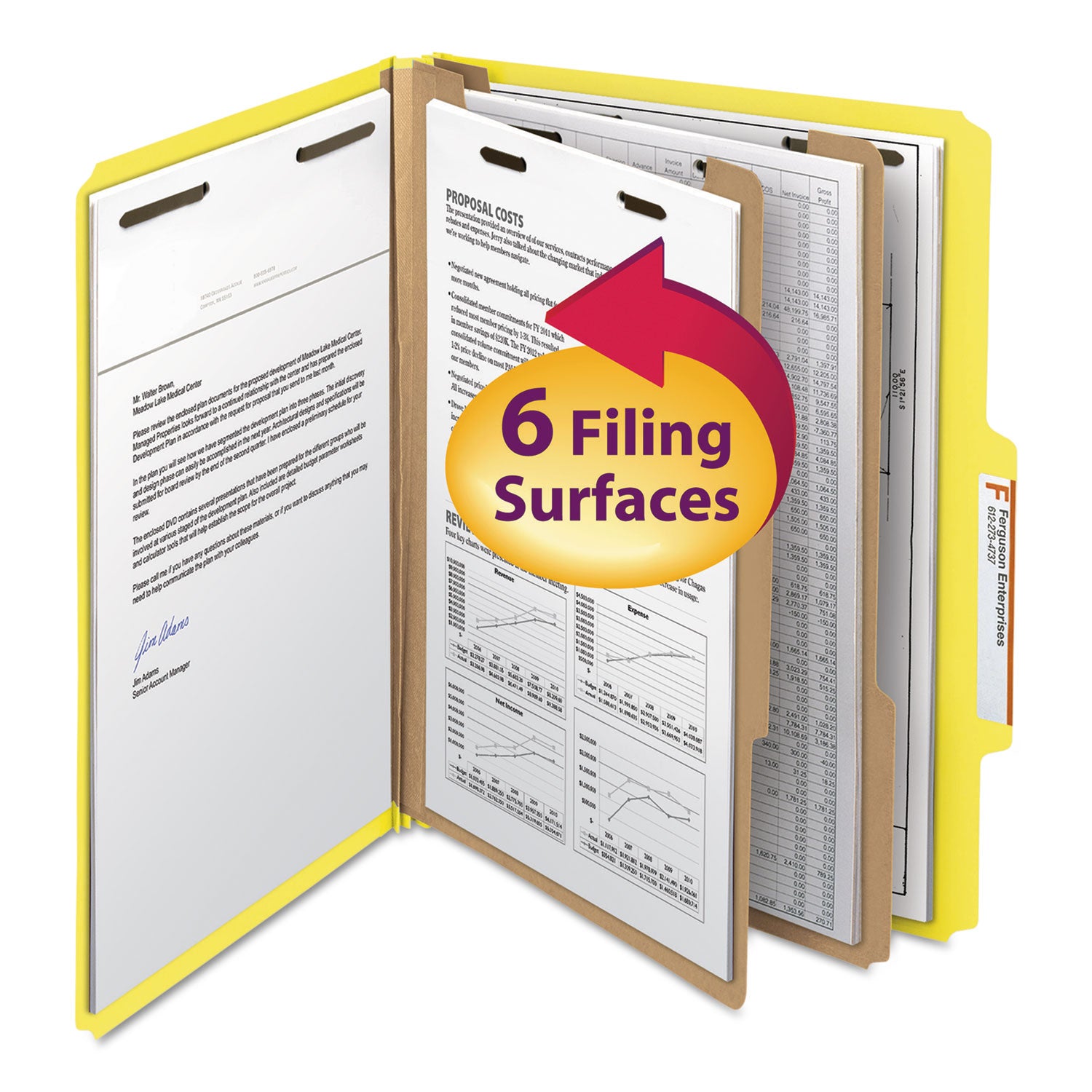 Top Tab Classification Folders, Six SafeSHIELD Fasteners, 2" Expansion, 2 Dividers, Letter Size, Yellow Exterior, 10/Box -