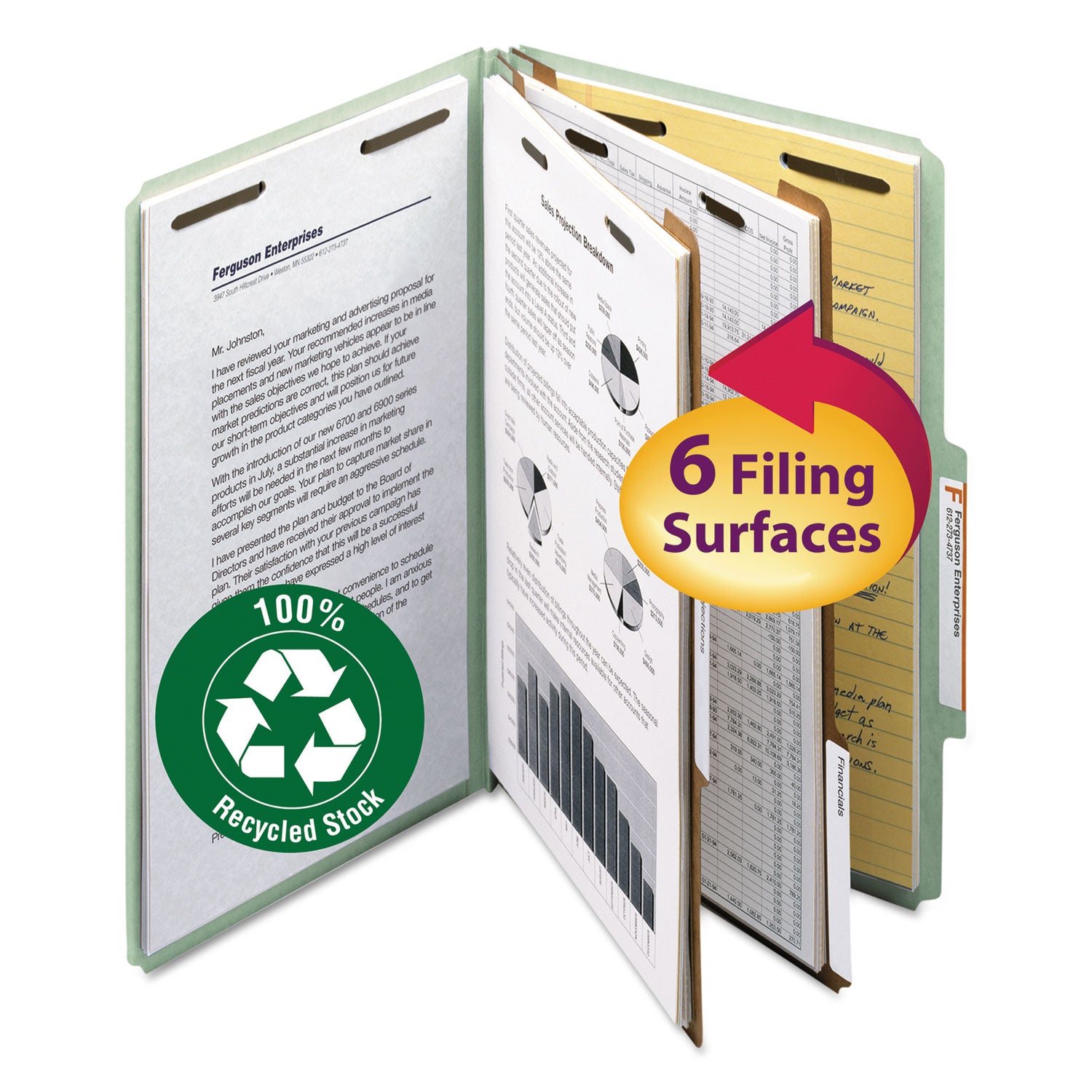 Recycled Pressboard Classification Folders, 2" Expansion, 2 Dividers, 6 Fasteners, Legal Size, Gray-Green, 10/Box -