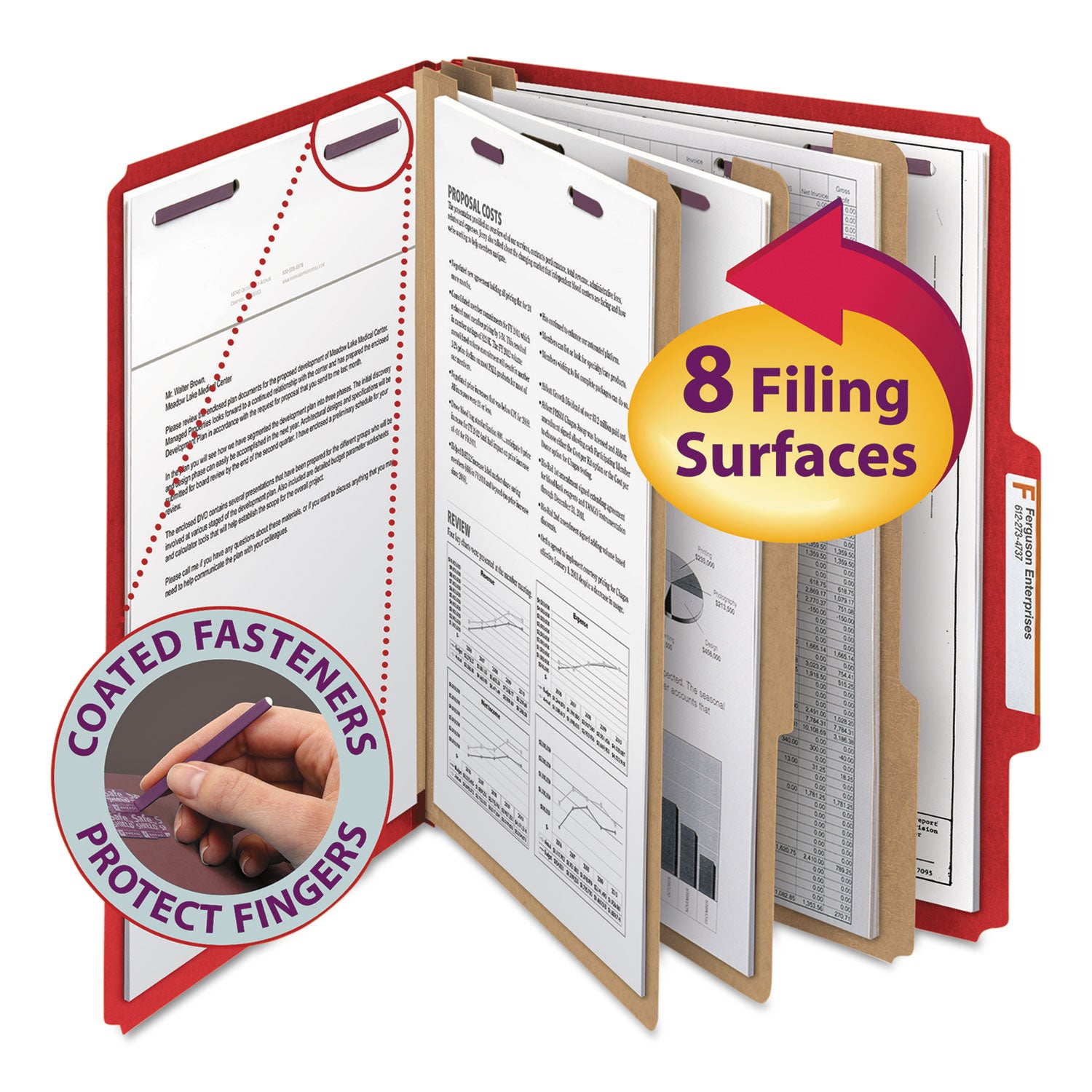 Eight-Section Pressboard Top Tab Classification Folders, 8 SafeSHIELD Fasteners, 3 Dividers, Letter Size, Bright Red, 10/Box -
