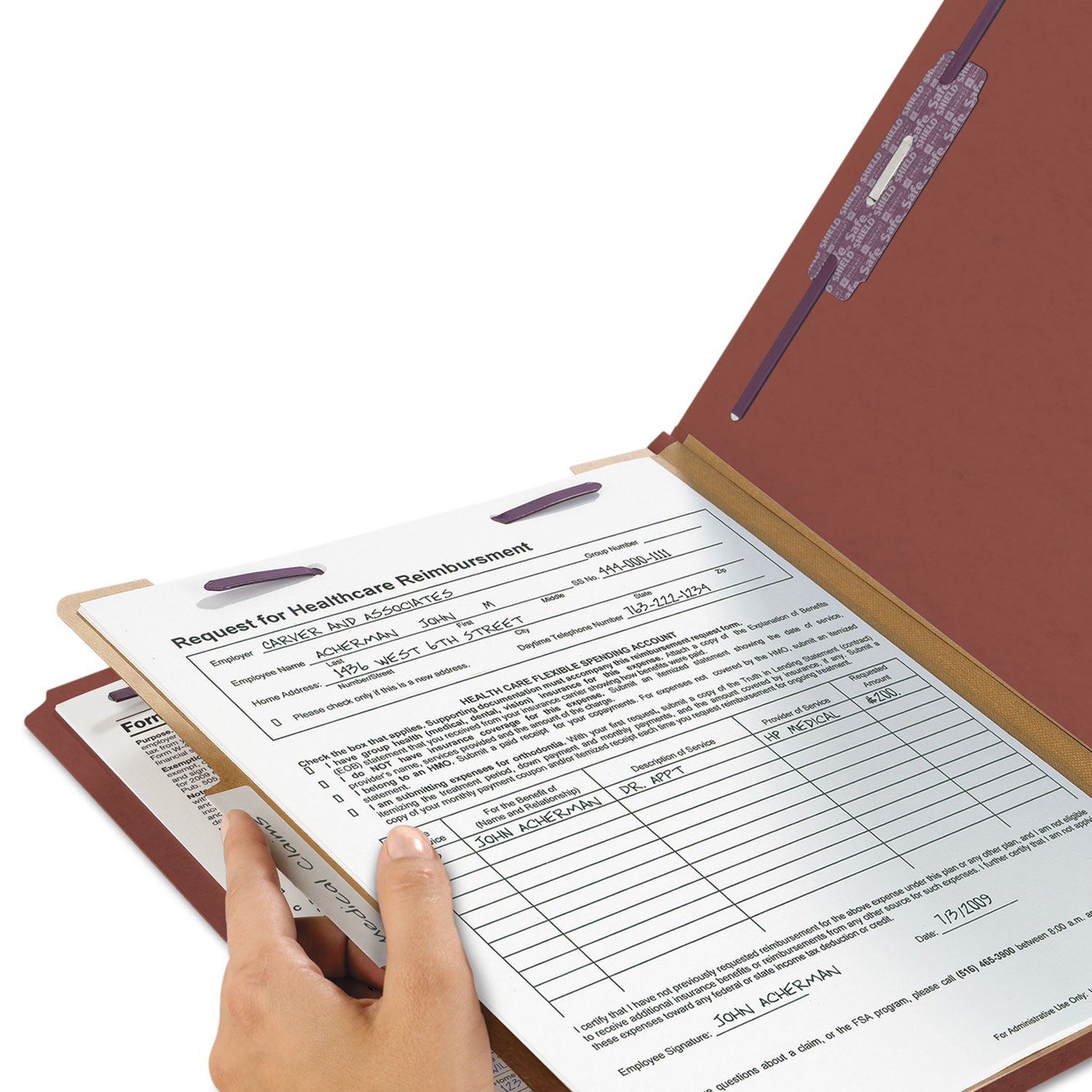 Recycled Pressboard Classification Folders, 2" Expansion, 1 Divider, 4 Fasteners, Letter Size, Red Exterior, 10/Box - 5