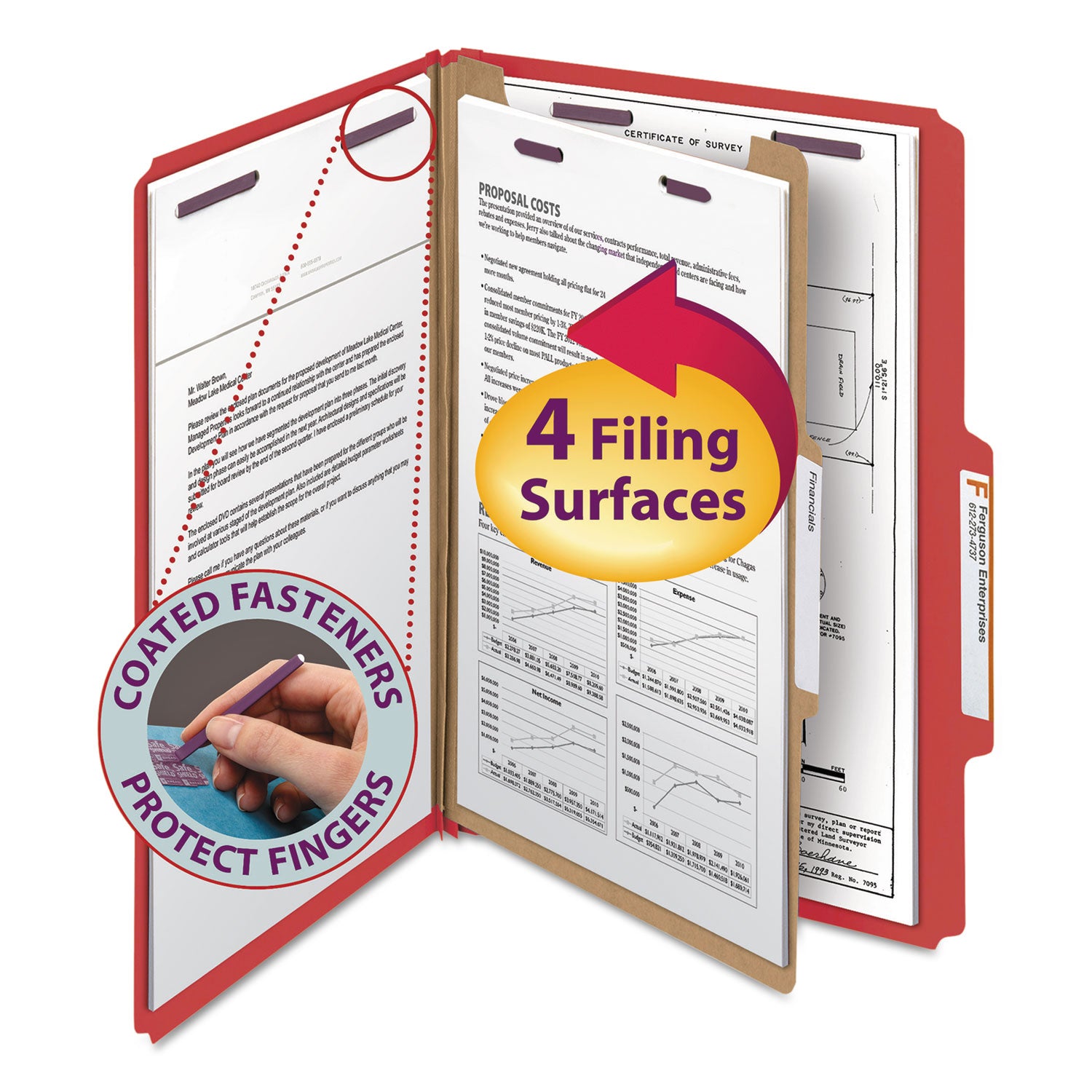 Four-Section Pressboard Top Tab Classification Folders, Four SafeSHIELD Fasteners, 1 Divider, Legal Size, Bright Red, 10/Box -