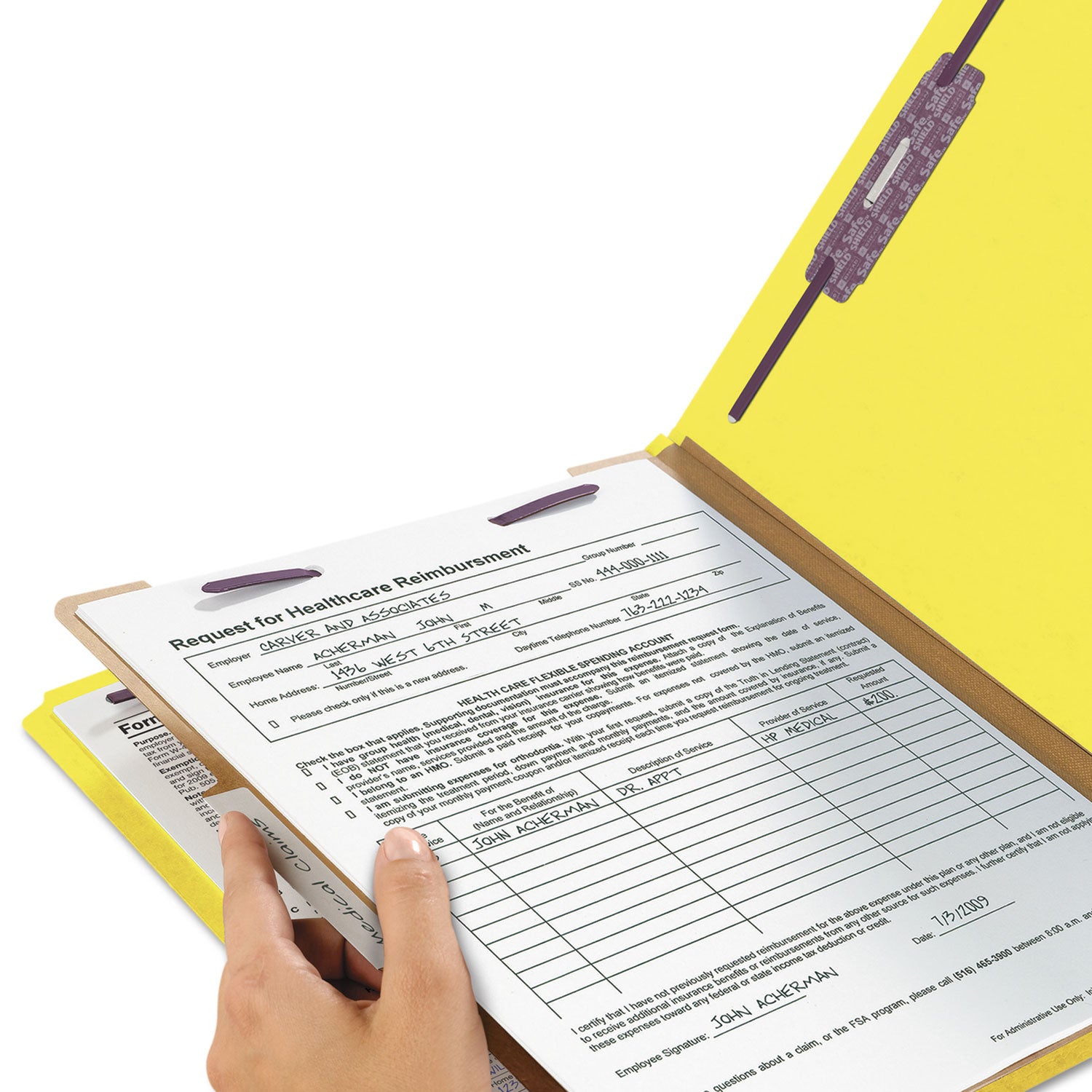 Four-Section Pressboard Top Tab Classification Folders, Four SafeSHIELD Fasteners, 1 Divider, Legal Size, Yellow, 10/Box -