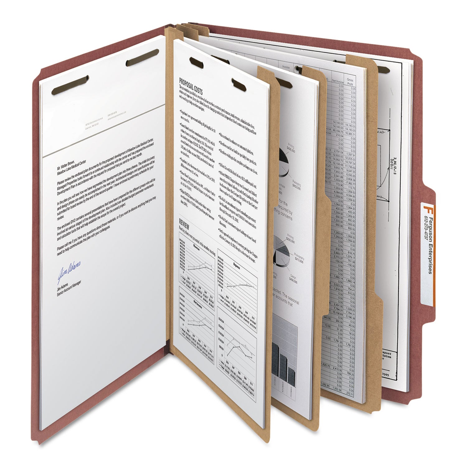 Recycled Pressboard Classification Folders, 3" Expansion, 3 Dividers, 8 Fasteners, Letter Size, Red Exterior, 10/Box -