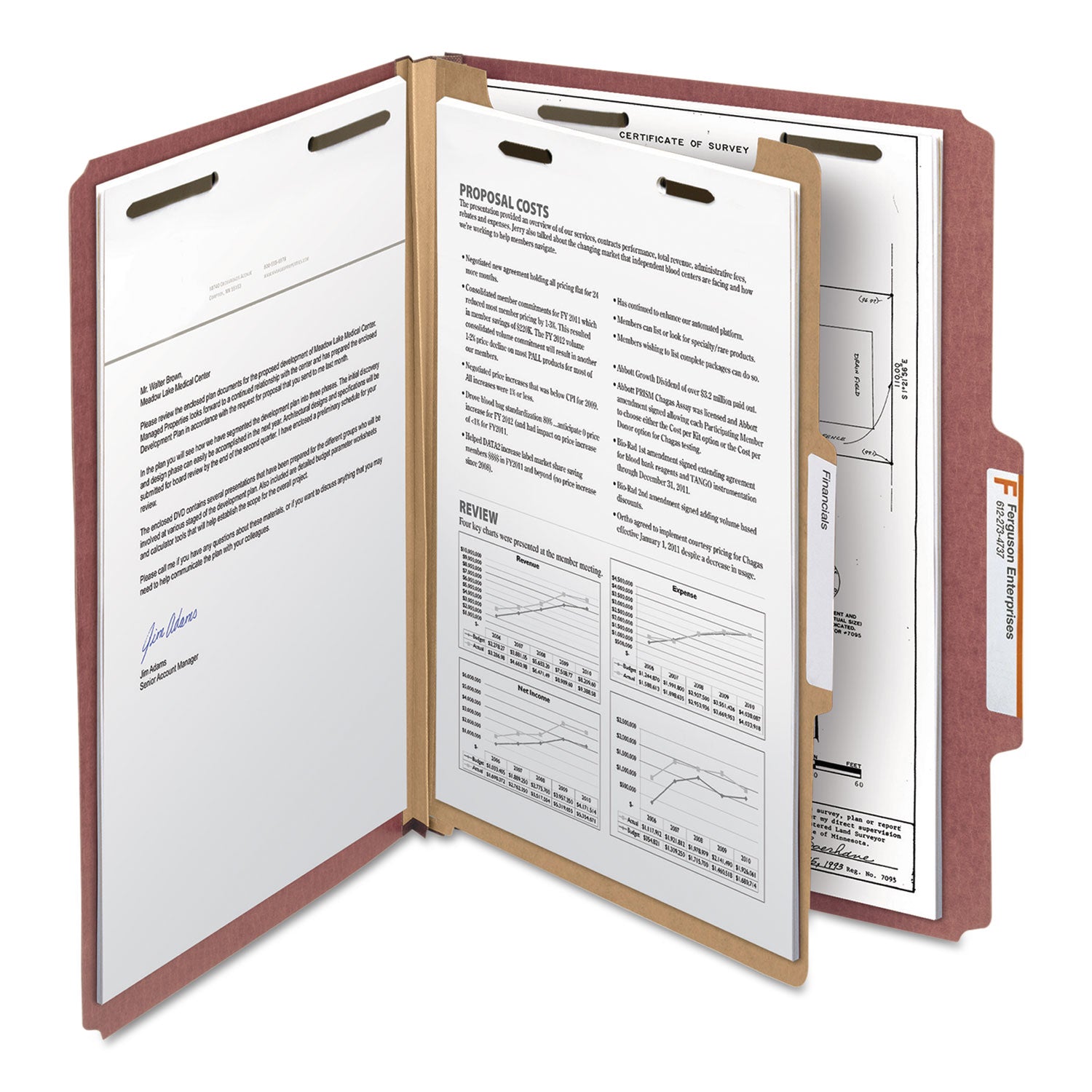 Recycled Pressboard Classification Folders, 2" Expansion, 1 Divider, 4 Fasteners, Letter Size, Red Exterior, 10/Box - 4