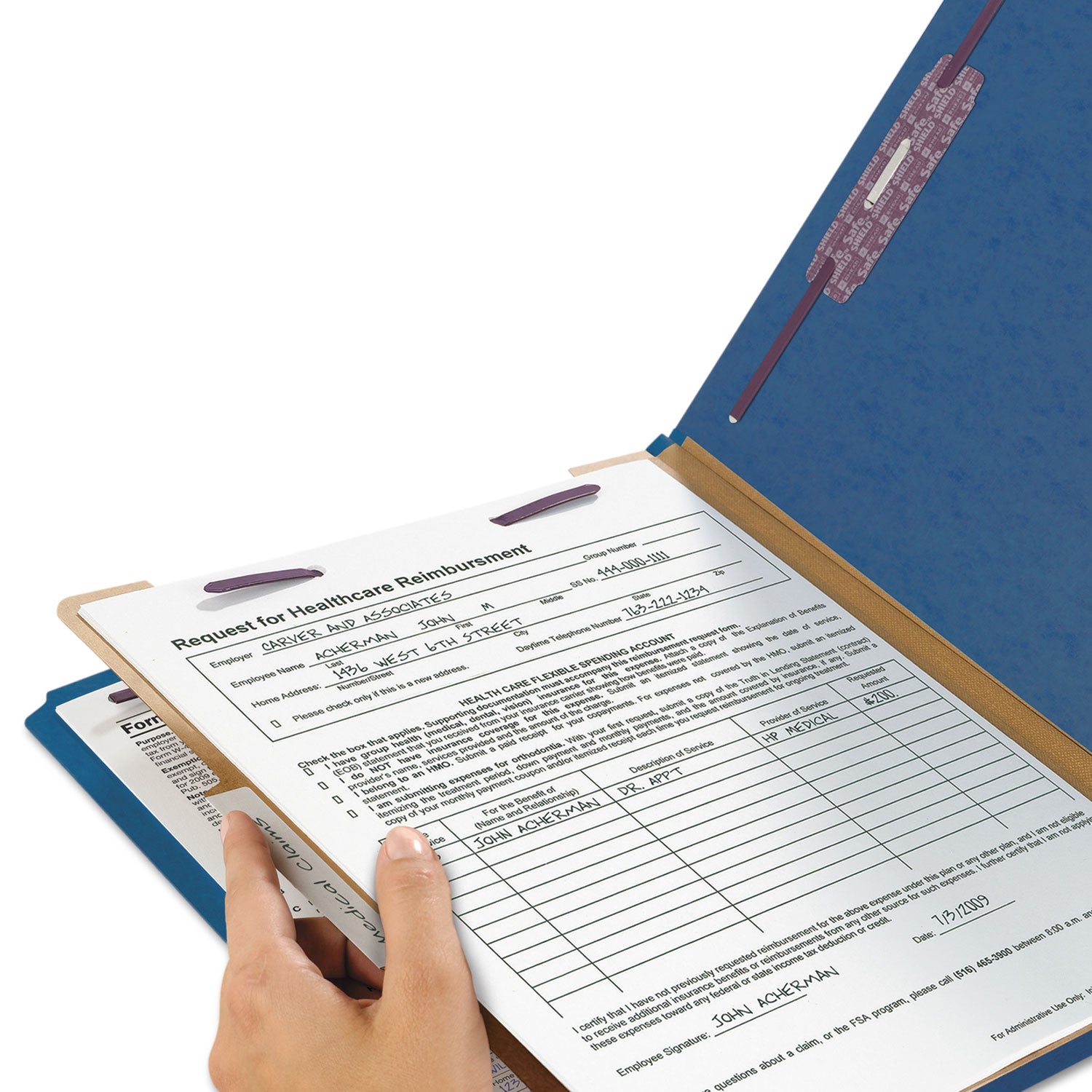 Four-Section Pressboard Top Tab Classification Folders, Four SafeSHIELD Fasteners, 1 Divider, Legal Size, Dark Blue, 10/Box -