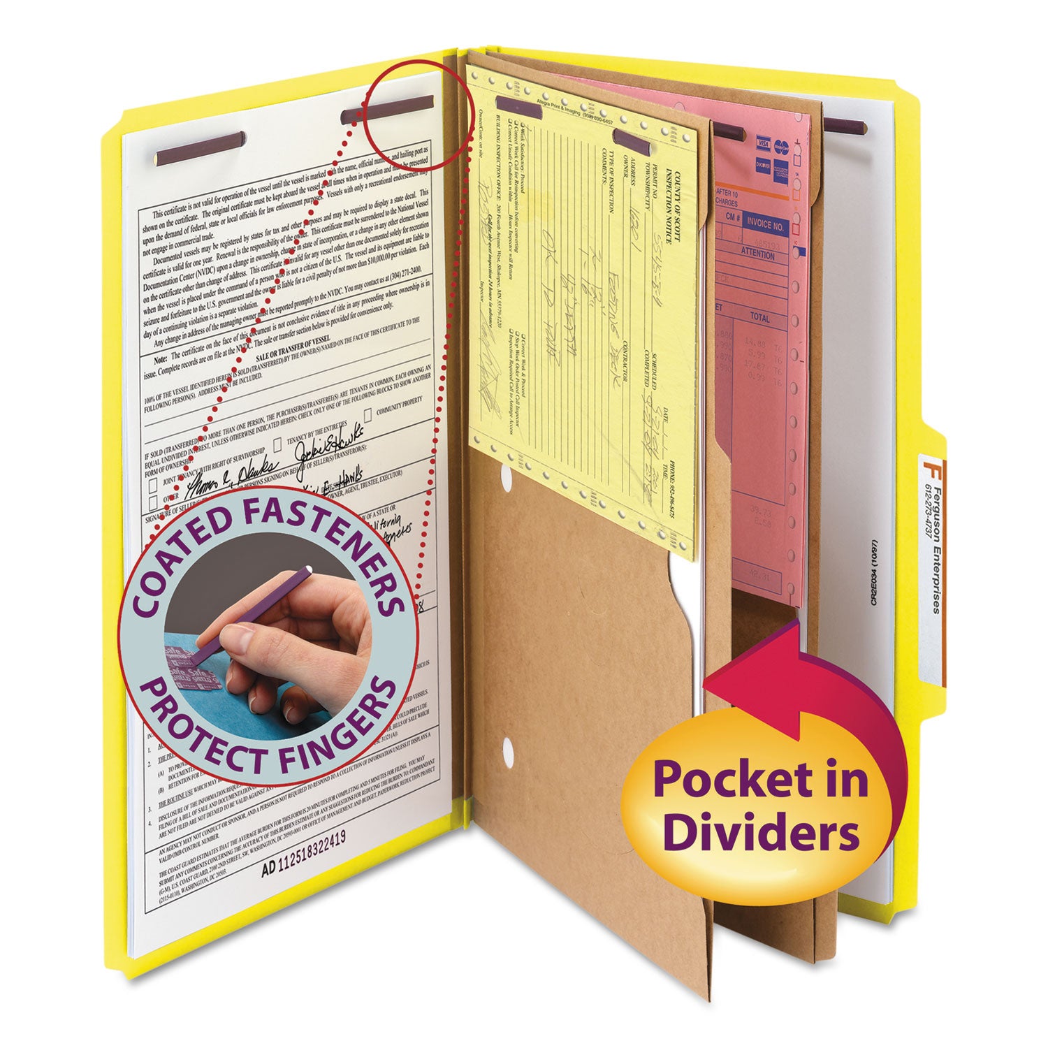6-Section Pressboard Top Tab Pocket Classification Folders, 6 SafeSHIELD Fasteners, 2 Dividers, Legal Size, Yellow, 10/Box -