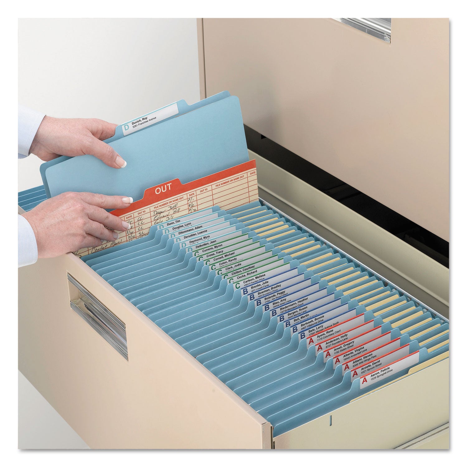 Top Tab Classification Folders, Six SafeSHIELD Fasteners, 2" Expansion, 2 Dividers, Letter Size, Blue Exterior, 10/Box -