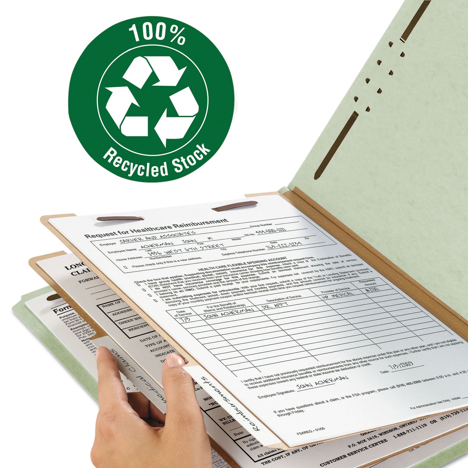 Recycled Pressboard Classification Folders, 2" Expansion, 2 Dividers, 6 Fasteners, Legal Size, Gray-Green, 10/Box -