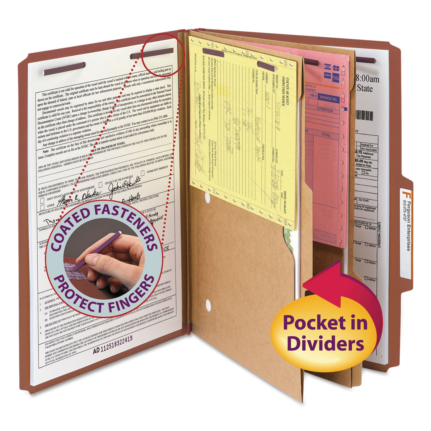 6-Section Pressboard Top Tab Pocket Classification Folders, 6 SafeSHIELD Fasteners, 2 Dividers, Legal Size, Red, 10/Box -