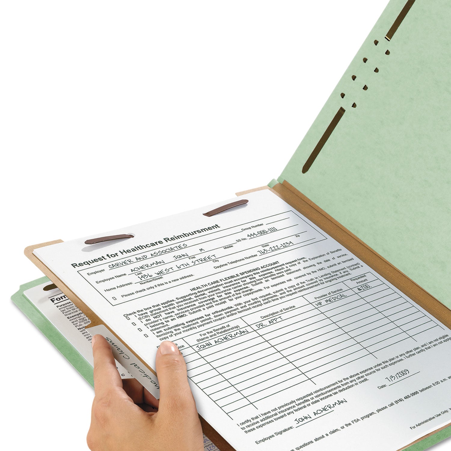 Recycled Pressboard Classification Folders, 2" Expansion, 1 Divider, 4 Fasteners, Letter Size, Gray-Green, 10/Box -