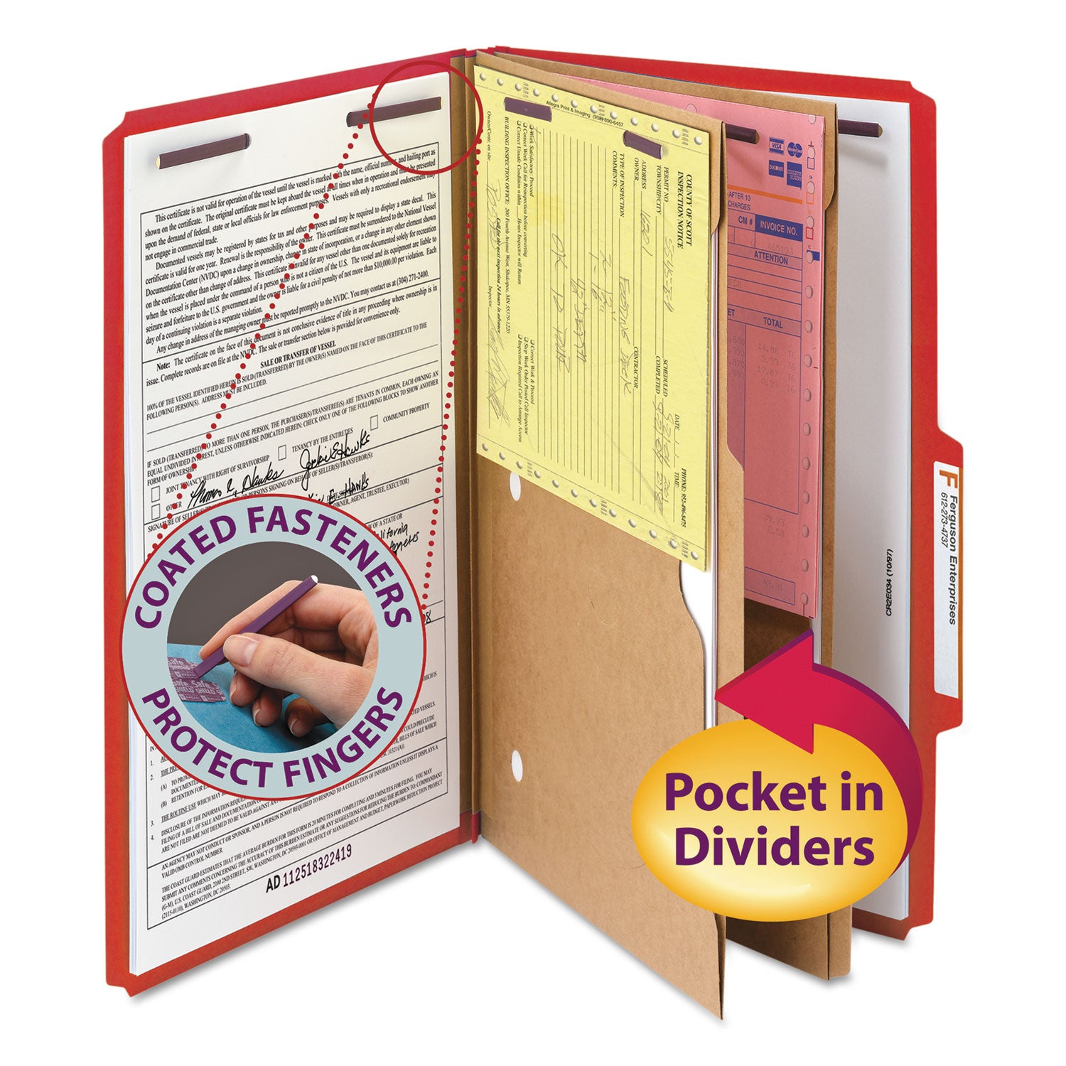 6-Section Pressboard Top Tab Pocket Classification Folders, 6 SafeSHIELD Fasteners, 2 Dividers, Legal Size, Bright Red, 10/BX -