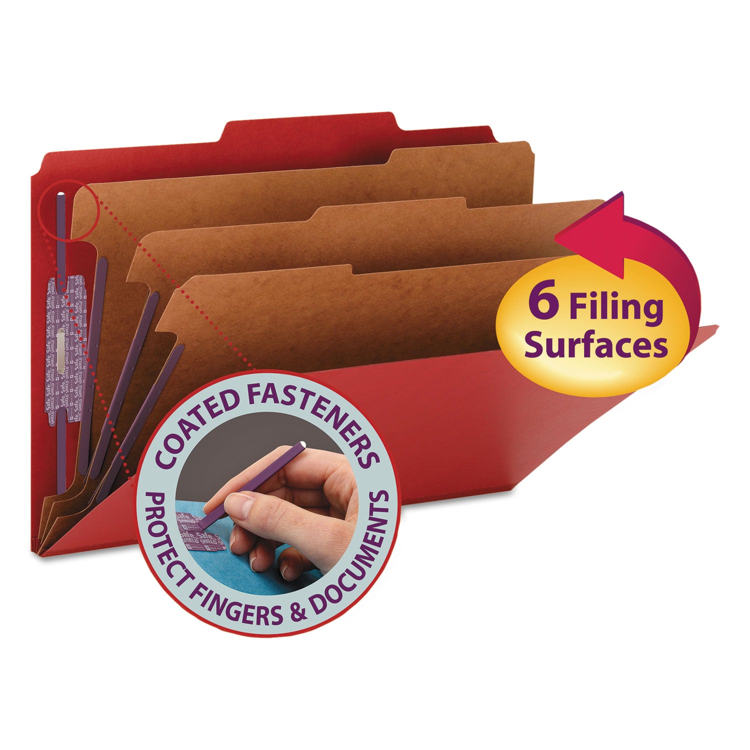 Eight-Section Pressboard Top Tab Classification Folders, 8 SafeSHIELD Fasteners, 3 Dividers, Legal Size, Bright Red, 10/Box -