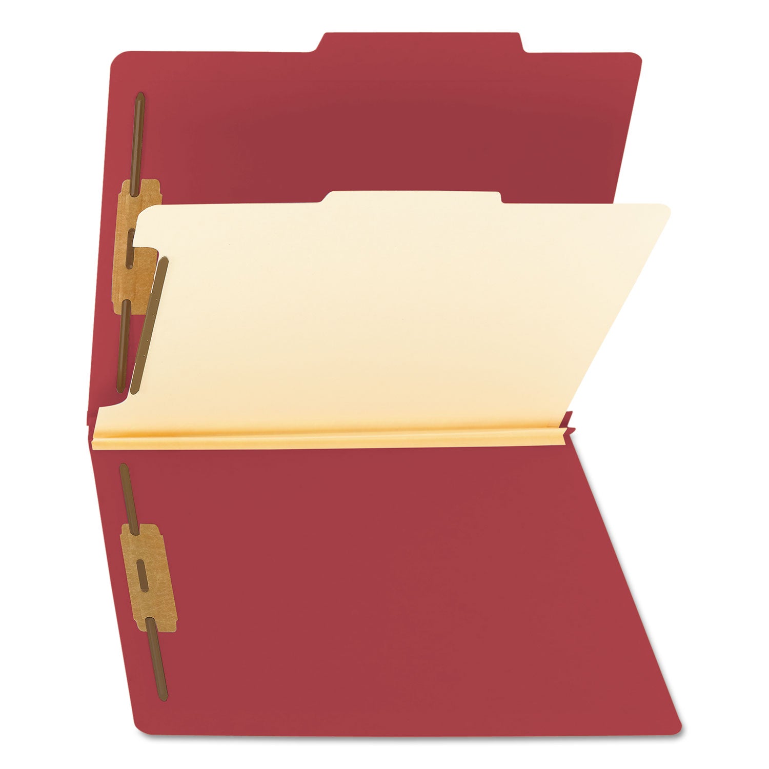 Top Tab Classification Folders, Four SafeSHIELD Fasteners, 2" Expansion, 1 Divider, Letter Size, Red Exterior, 10/Box -