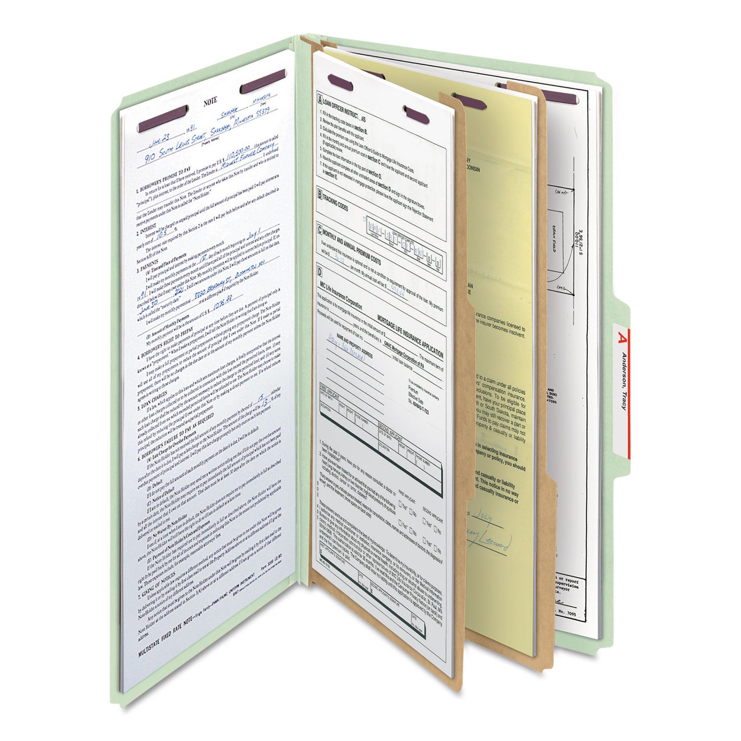 Pressboard Classification Folders, Six SafeSHIELD Fasteners, 2/5-Cut Tabs, 2 Dividers, Legal Size, Gray-Green, 10/Box -