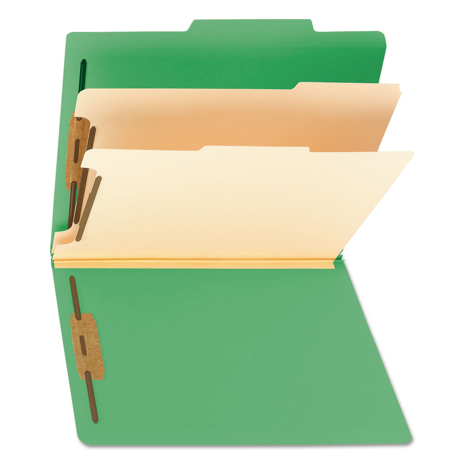 Top Tab Classification Folders, Six SafeSHIELD Fasteners, 2" Expansion, 2 Dividers, Letter Size, Green Exterior, 10/Box -