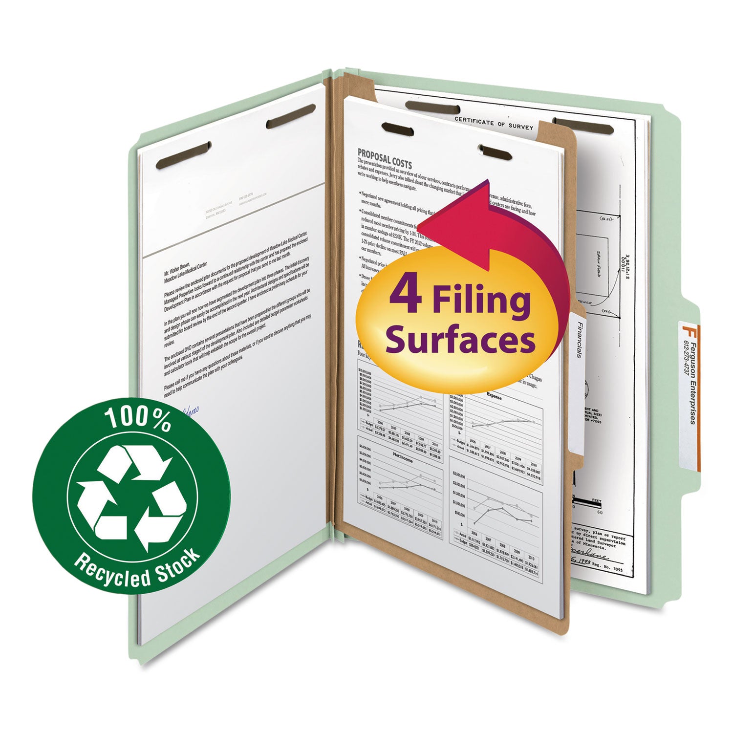 Recycled Pressboard Classification Folders, 2" Expansion, 1 Divider, 4 Fasteners, Letter Size, Gray-Green, 10/Box -
