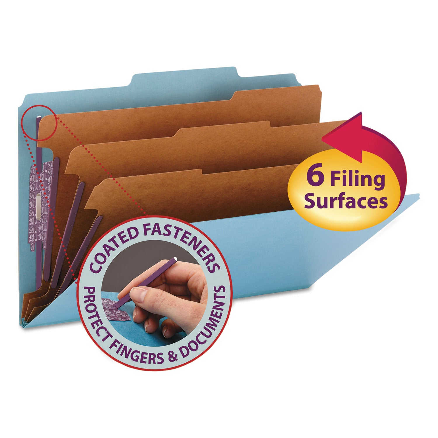 Eight-Section Pressboard Top Tab Classification Folders, Eight SafeSHIELD Fasteners, 3 Dividers, Legal Size, Blue, 10/Box -