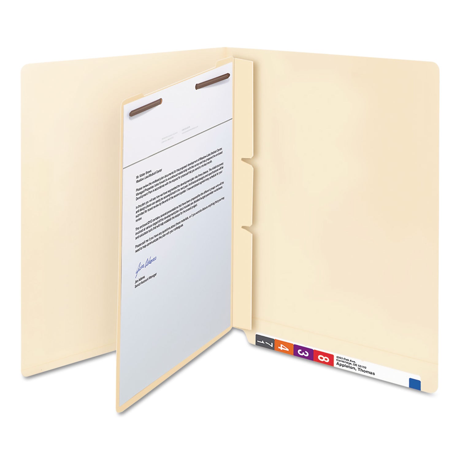 Self-Adhesive Folder Dividers with Twin-Prong Fasteners for Top/End Tab Folders, 1 Fastener, Letter Size, Manila, 100/Box -