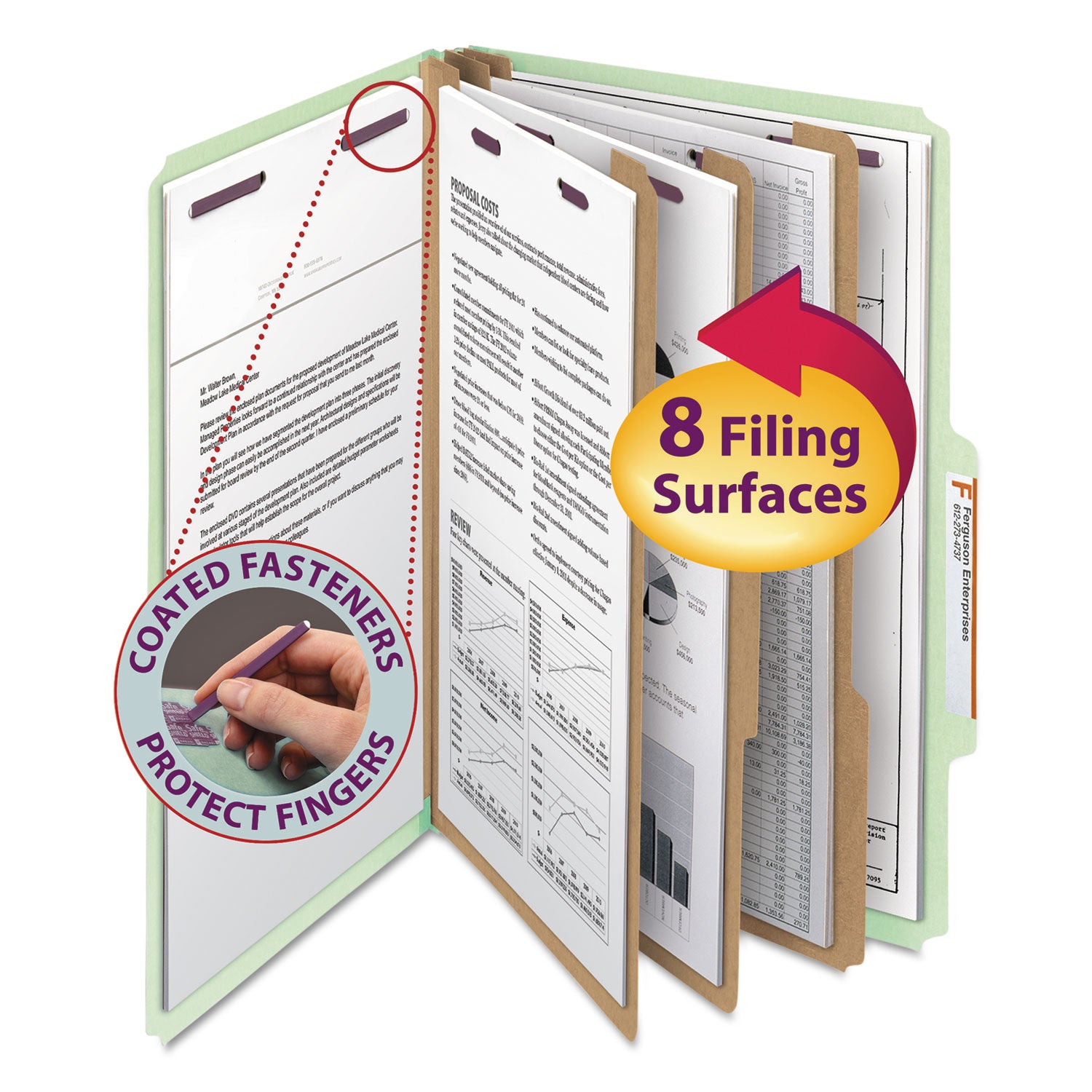 Pressboard Classification Folders, Eight SafeSHIELD Fasteners, 2/5-Cut Tabs, 3 Dividers, Legal Size, Gray-Green, 10/Box -