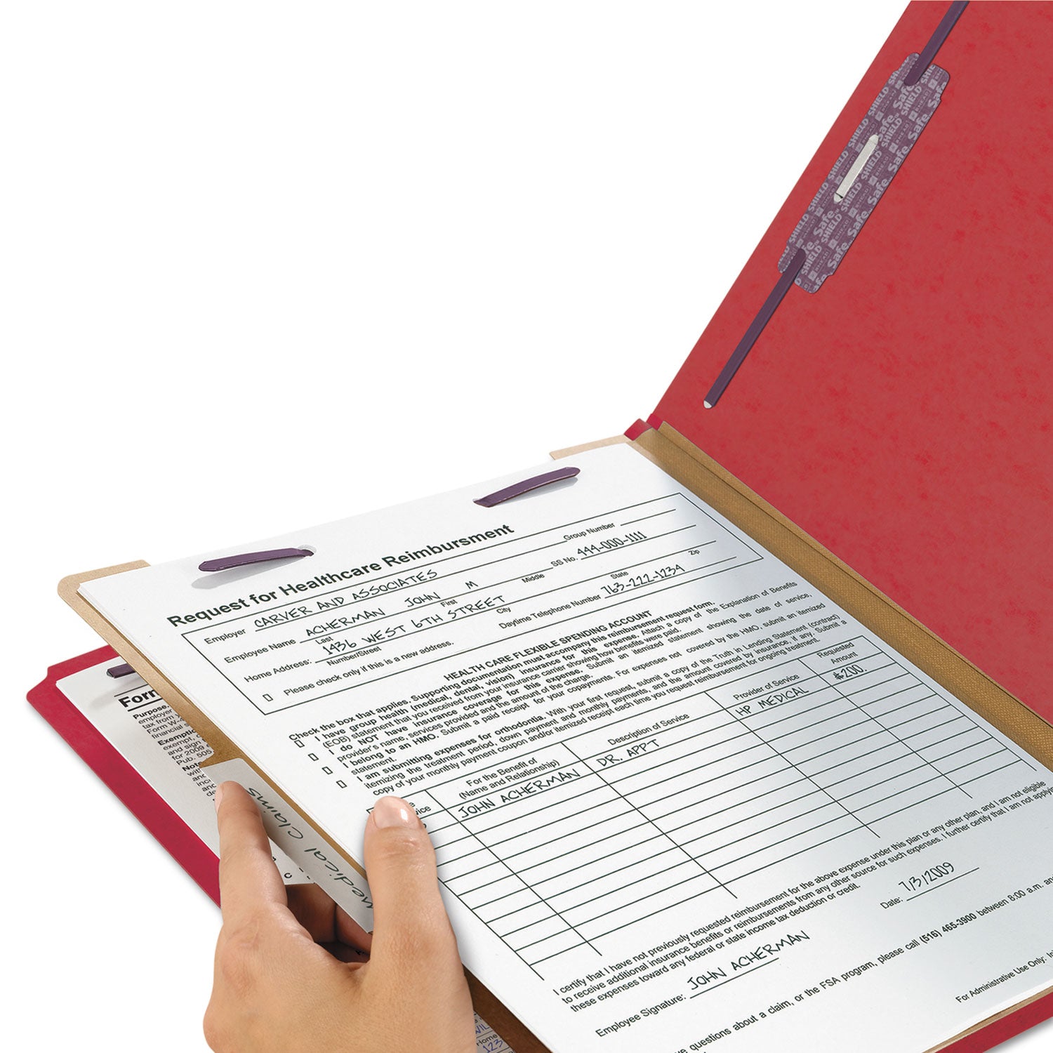 Four-Section Pressboard Top Tab Classification Folders, Four SafeSHIELD Fasteners, 1 Divider, Legal Size, Bright Red, 10/Box -