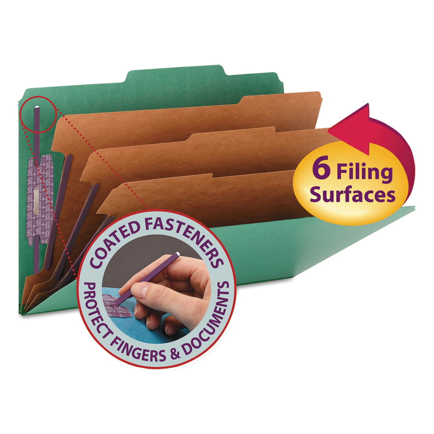 Eight-Section Pressboard Top Tab Classification Folders, Eight SafeSHIELD Fasteners, 3 Dividers, Legal Size, Green, 10/Box -