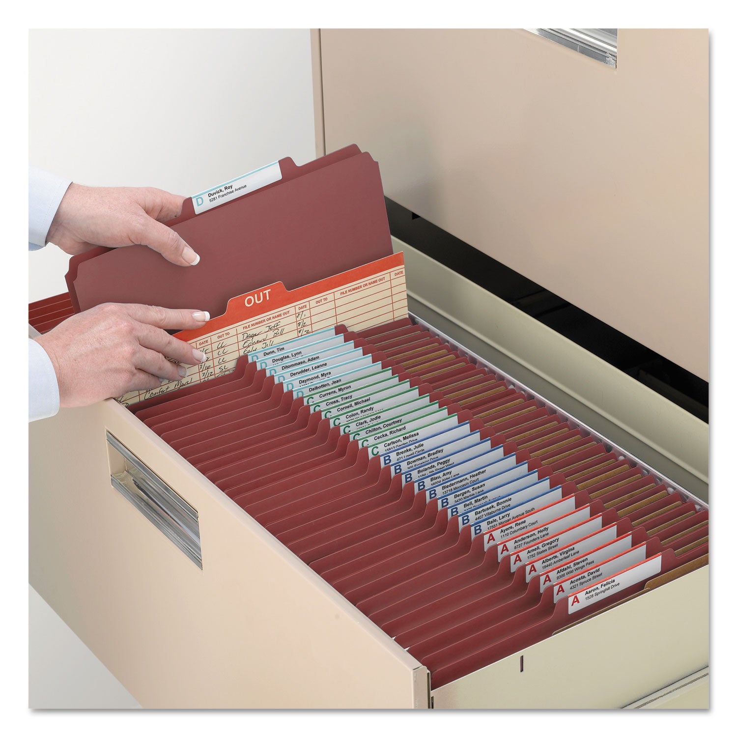 Recycled Pressboard Classification Folders, 3" Expansion, 3 Dividers, 8 Fasteners, Letter Size, Red Exterior, 10/Box -