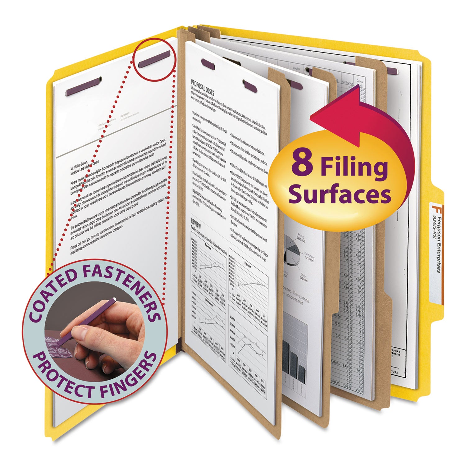 Eight-Section Pressboard Top Tab Classification Folders, Eight SafeSHIELD Fasteners, 3 Dividers, Letter Size, Yellow, 10/Box -