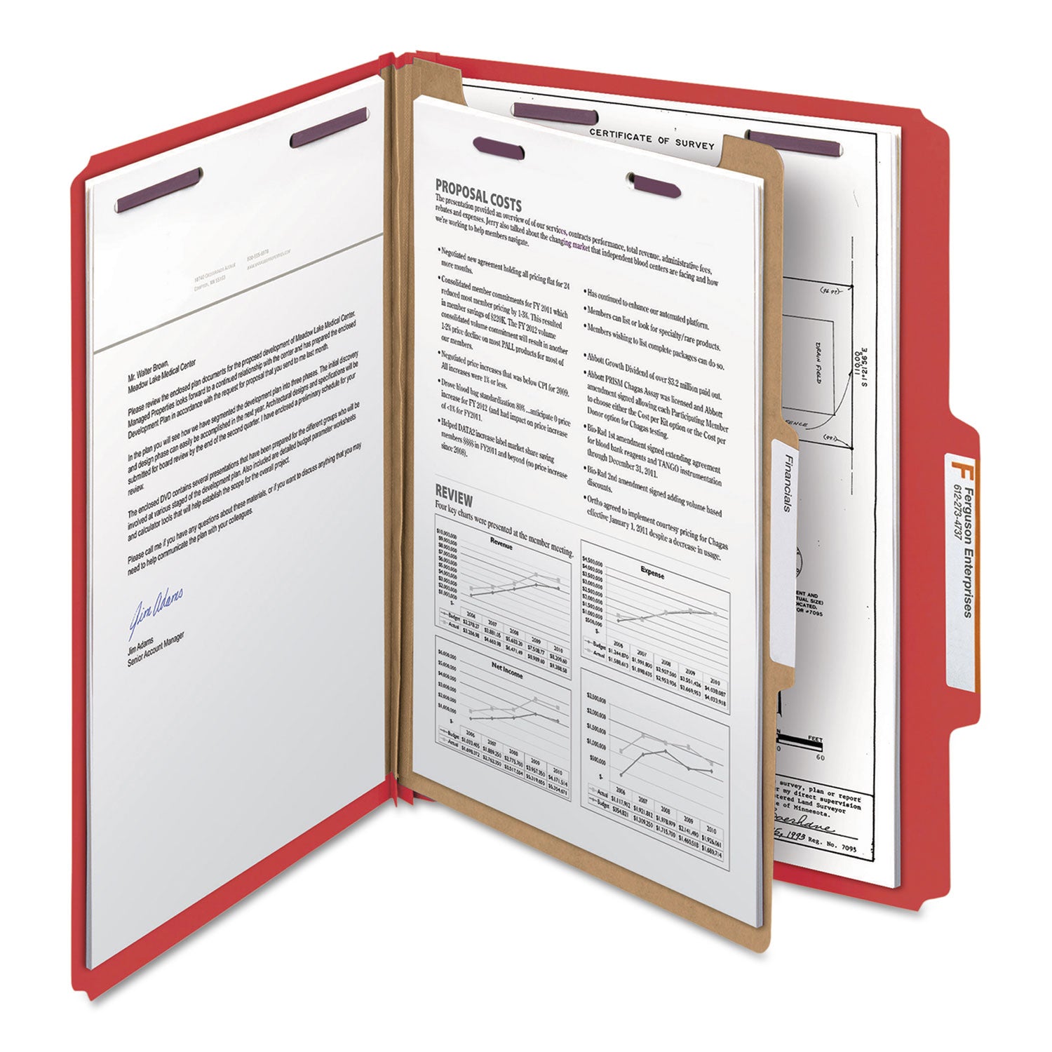 Four-Section Pressboard Top Tab Classification Folders, Four SafeSHIELD Fasteners, 1 Divider, Letter Size, Bright Red, 10/Box -