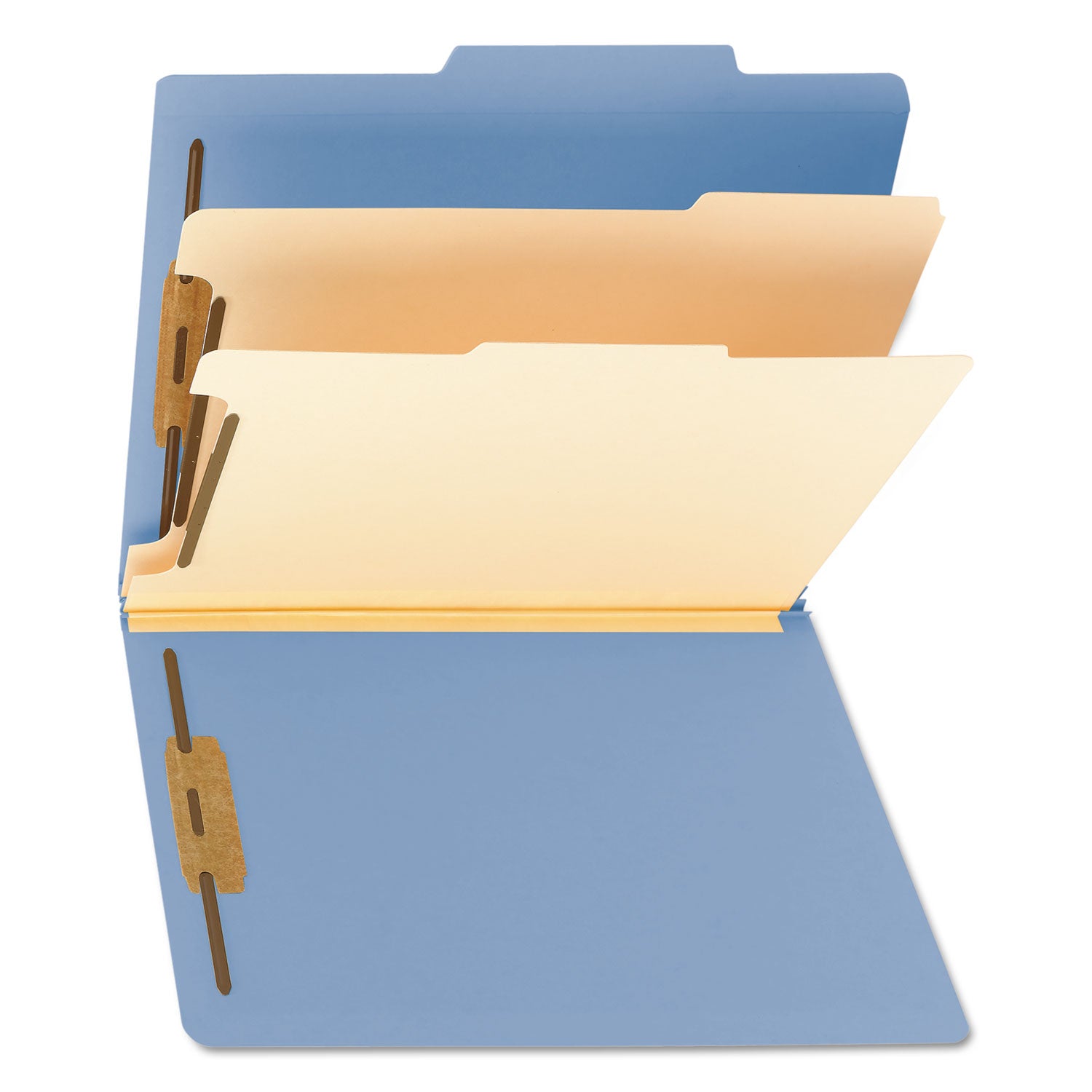 Top Tab Classification Folders, Six SafeSHIELD Fasteners, 2" Expansion, 2 Dividers, Letter Size, Blue Exterior, 10/Box -