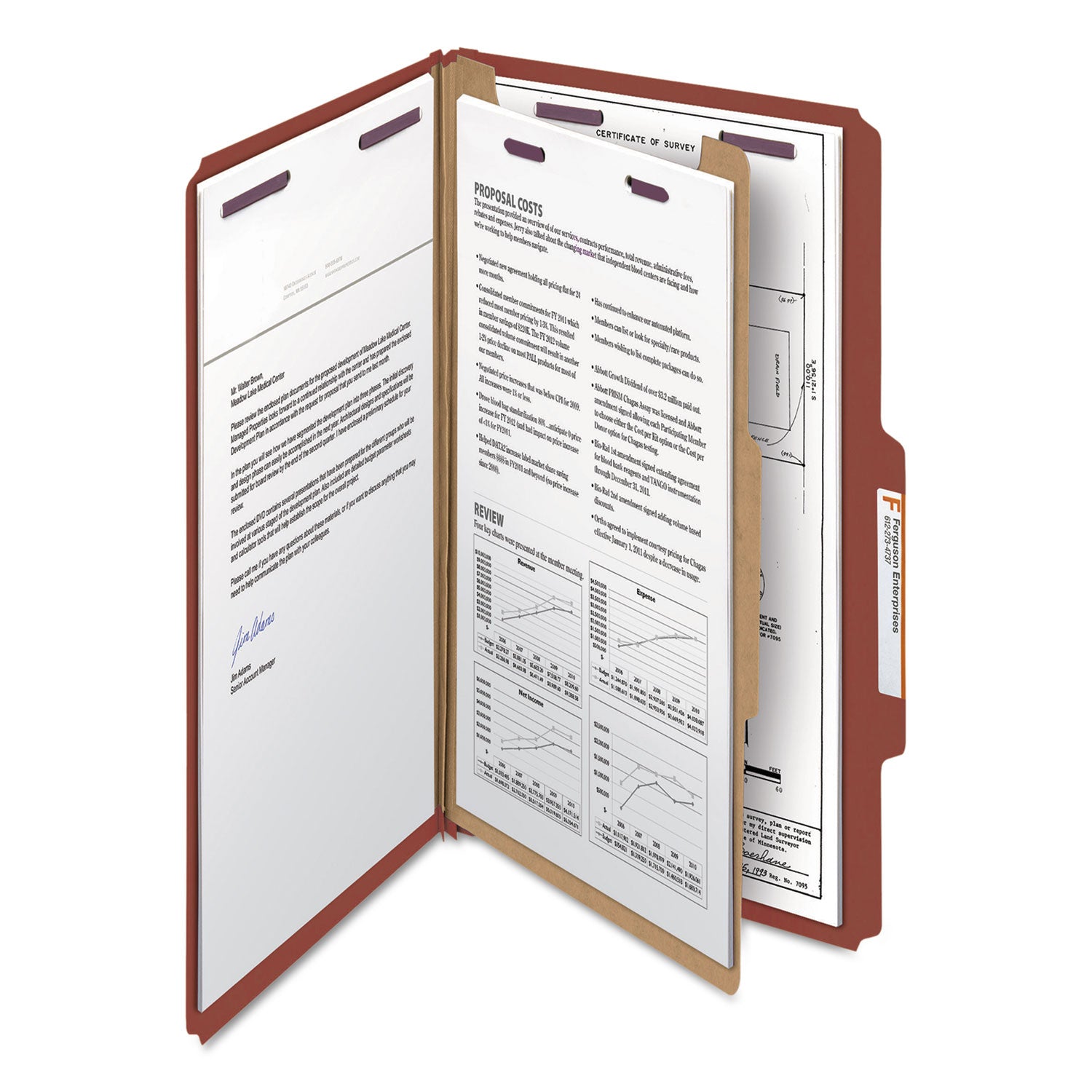 Pressboard Classification Folders, Four SafeSHIELD Fasteners, 2/5-Cut Tabs, 1 Divider, Legal Size, Red, 10/Box -